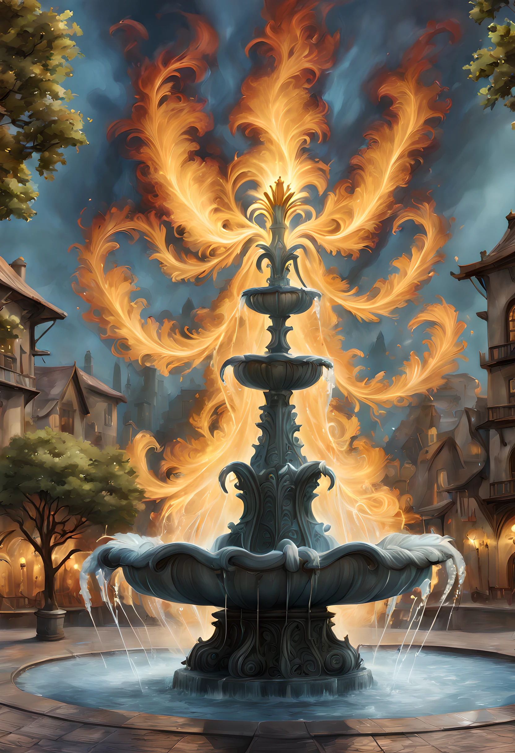 Fantasy art, RPG art, there is an epic sized magical (water fountain: 1.3) in an elven city town square, it has magical runes gl0w1ngR in the basin of the fountain, many rivulets of water entwined in (fire: 1.2), faize, the fire is combined with the water streams, its night time, moon is rising, photorealistic, 16k, RAW, award winning, (best detailed: 1.5), masterpiece, best quality, (ultra detailed), full body, ultra wide shot, abstract fractal