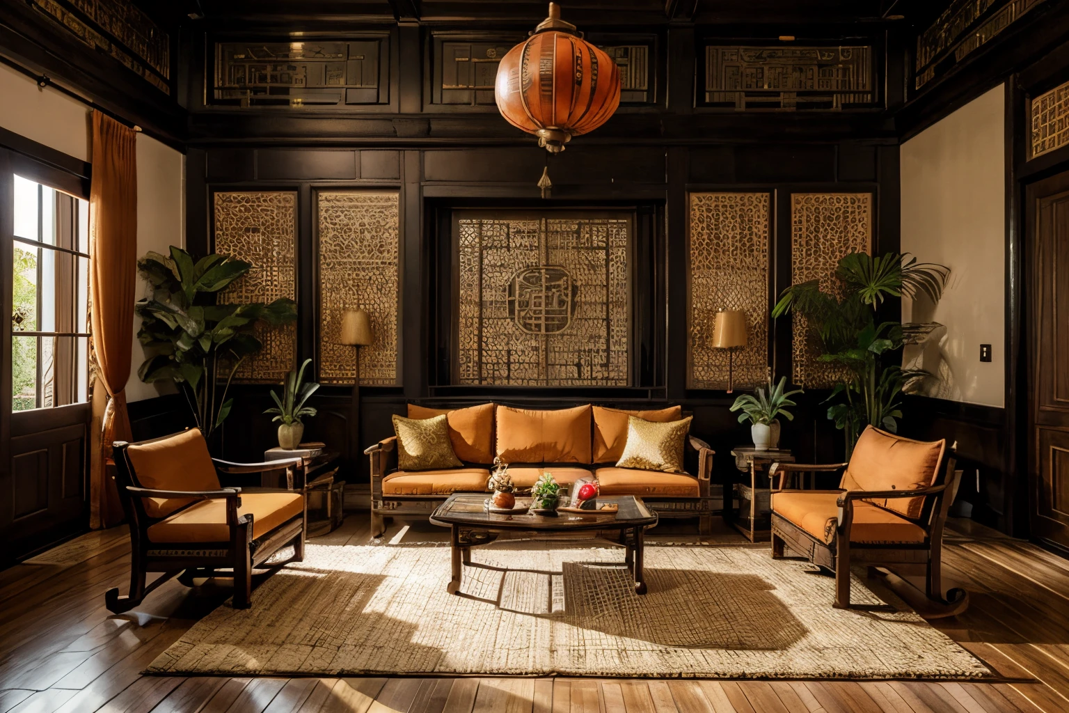 (indochina design LIVINGROOM:1.3), (photo realistic:1.2), (supper detail:1.2),1bed, 1 chair, classical chinese style pattern for the wall, 1 classic altar, 2 indochina chair, indochina style of cabinet, orange wall, indoor, (blackken wood :.1), indochina panel door indoor, (The ceiling is made from woven rattan sheets and lintels), daylight, Unreal Engineer 8K, full HD 8K