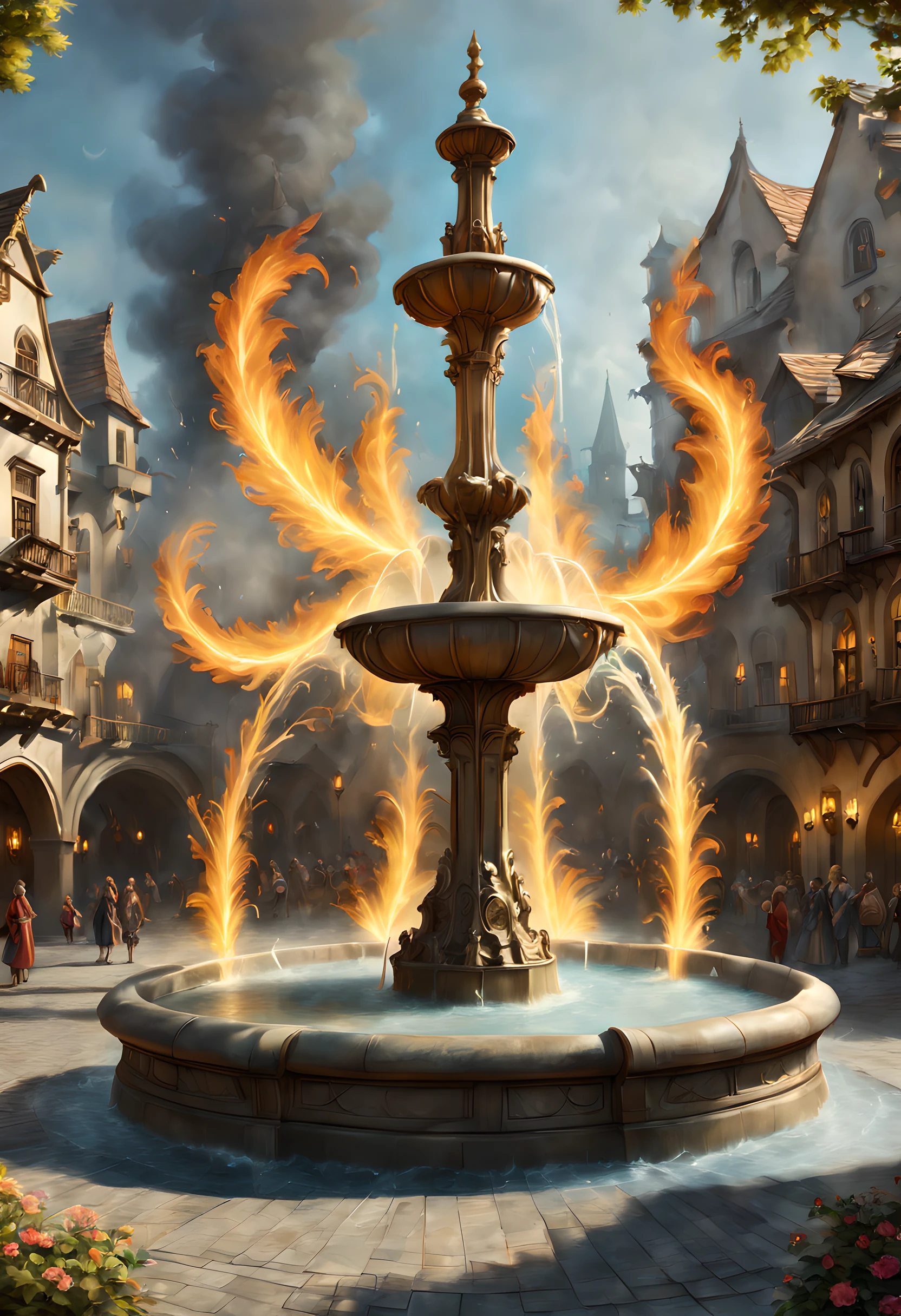 Fantasy art, RPG art, there is an epic sized magical (water fountain: 1.3) in an elven city town square, it has magical runes gl0w1ngR in the basin of the fountain, many rivulets of water entwined in (fire: 1.2), faize, the fire is combined with the water streams, its night time, moon is rising, photorealistic, 16k, RAW, award winning, (best detailed: 1.5), masterpiece, best quality, (ultra detailed), full body, ultra wide shot, abstract fractal