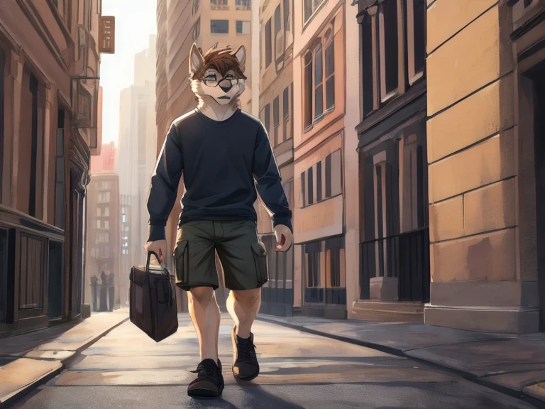 Best quality, Masterpiece, male furry wolf, cute snout, tan ears, brown shaggy hair, clear glasses, brown wolf tail, wearing long sleeve shirt, black cargo shorts, grey flats, standing, solo, walking in a city