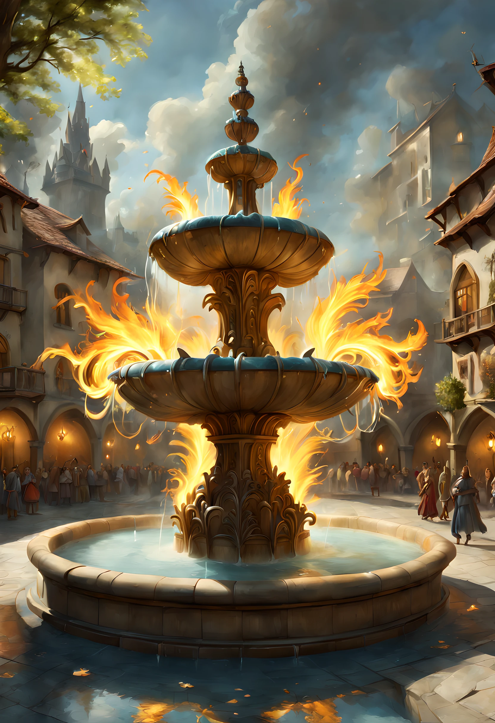 Fantasy art, RPG art, there is an epic sized magical (water fountain: 1.3) in an elven city town square, it has magical runes gl0w1ngR in the basin of the fountain, many rivulets of water entwined in (fire: 1.2), faize, the fire is combined with the water streams, its night time, moon is rising, photorealistic, 16k, RAW, award winning, (best detailed: 1.5), masterpiece, best quality, (ultra detailed), full body, ultra wide shot, abstract fractal