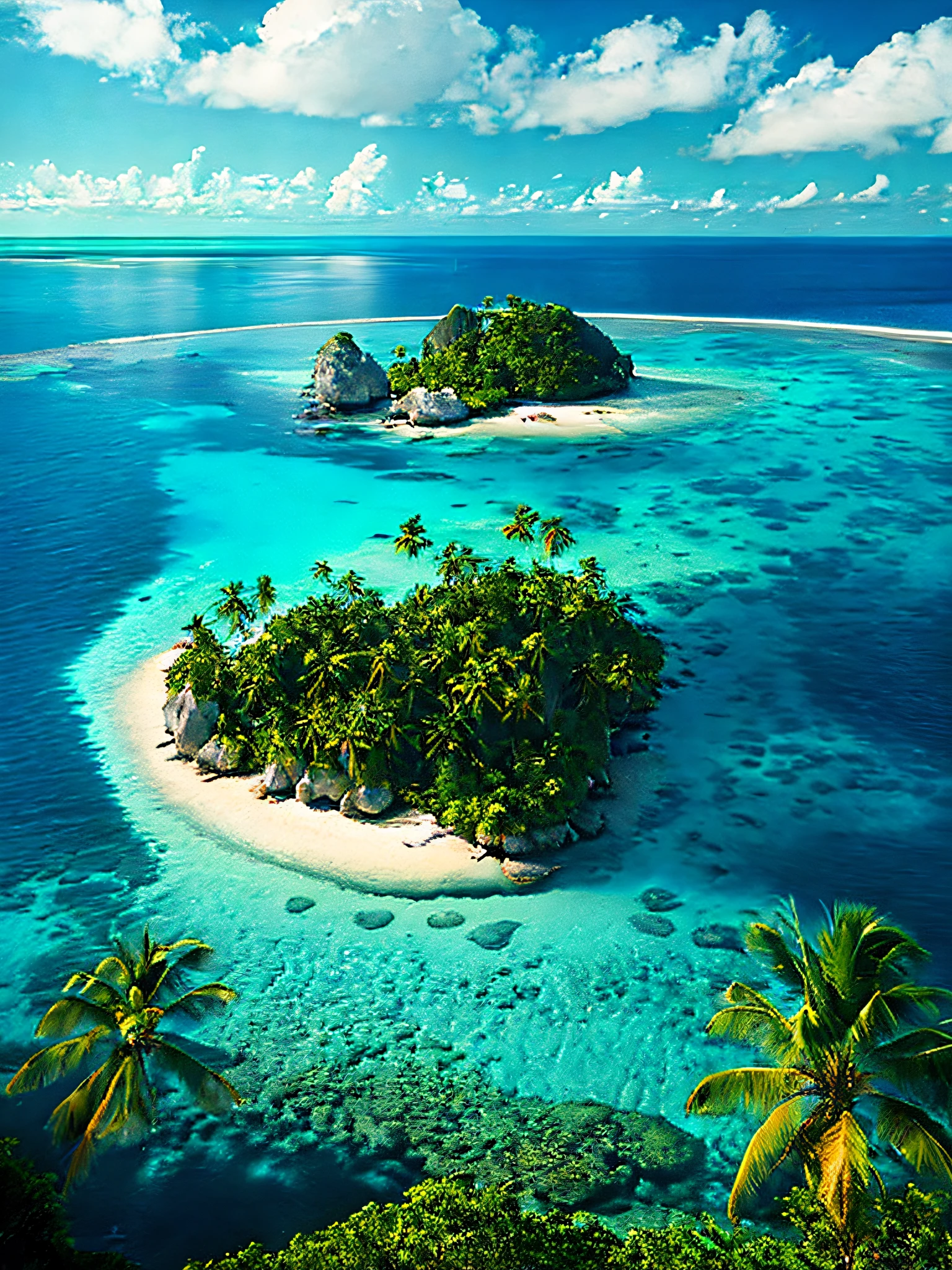 arafed island with palm trees and a sandy beach, tropical island, epic matte painting of an island, island in a blue sea, an island floating in the air, an island, island landscape, island floating in the sky, island background, monsoon on tropical island, island in the background, floating island, tropical location, island, island with cave, many islands, no humans, tree, cloud, sky, outdoors, scenery, day, palm tree, ocean, water, beach, blue sky, horizon, cloudy sky, nature, sand