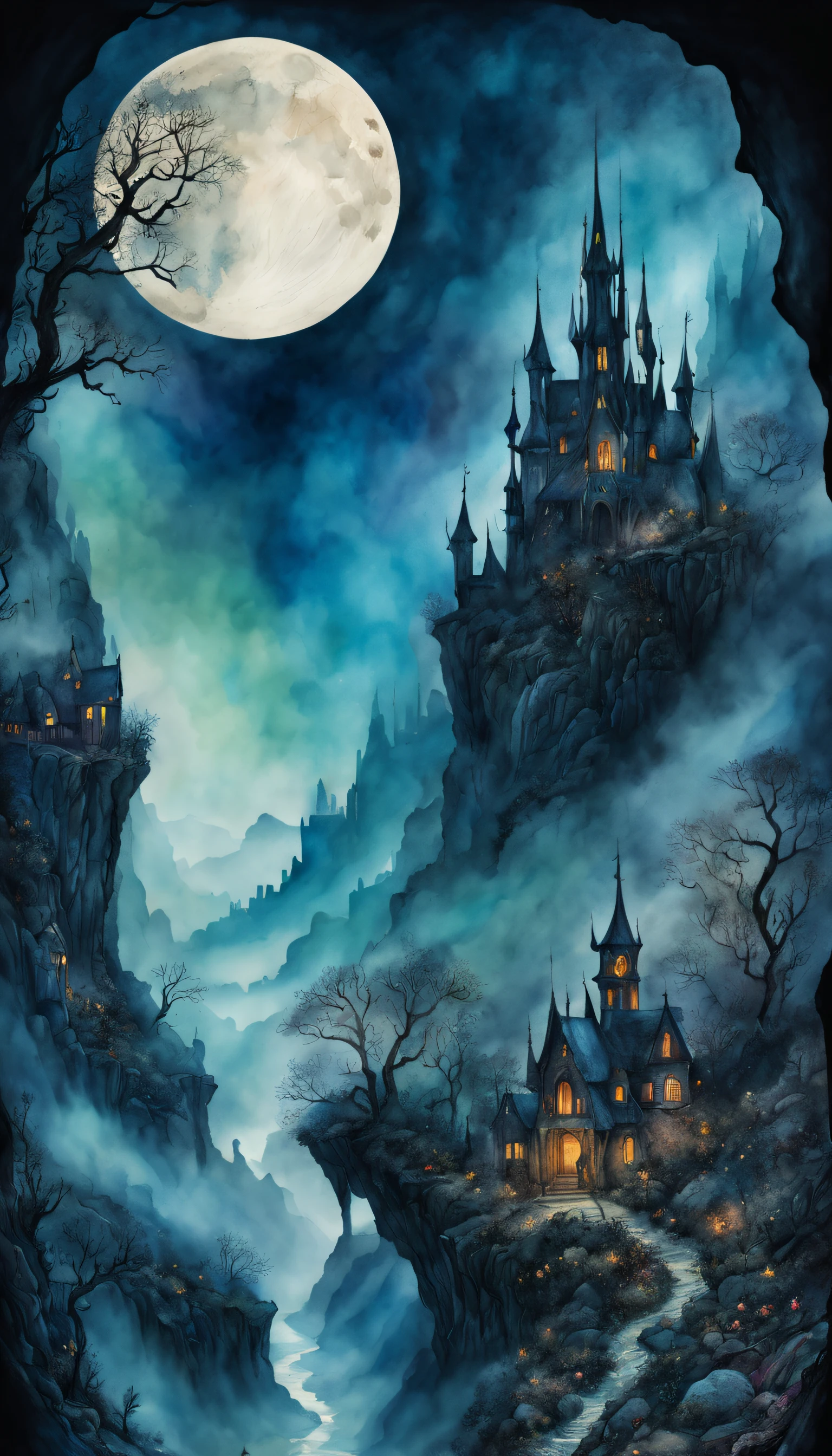 Lost Land of otherworldly dreams, fantasy, magic, watercolor, ink, acrylic, double exposure, mythological, great detail, mid-night, moon, fog, gothic gloom, art on a cracked paper, storybook detailed illustration, cinematic, ultra highly detailed, tiny details, beautiful details, mystical, luminism, vibrant colors