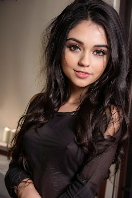 masterpiece, 8K, realistic, photo-realistic,1girl, (straight dark hair:1.2), sensual, shy little smile, green eyes, latina, 20 yo, young bedroom, top no bra:1, professional lighting,