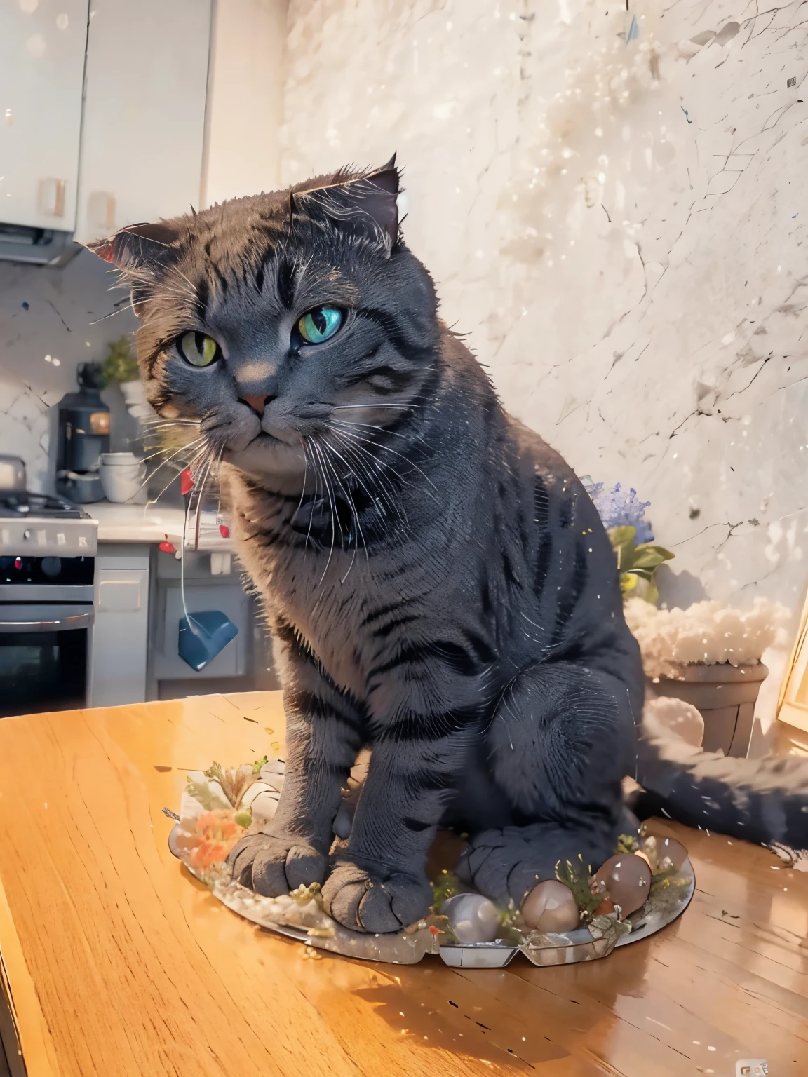 il ya un chat Assis sur une table dans une cuisine, Pli écossais, discuter sur la table devant elle, Prise avec Sony Alpha 9, discuter sur la table, l'air confondant, par Emma Andijewska, Smokey, Assis sur une table, fier de détourner le regard, Regarder la caméra, photo d'un chat, doux mais grincheux, Gros chat sur le bureau