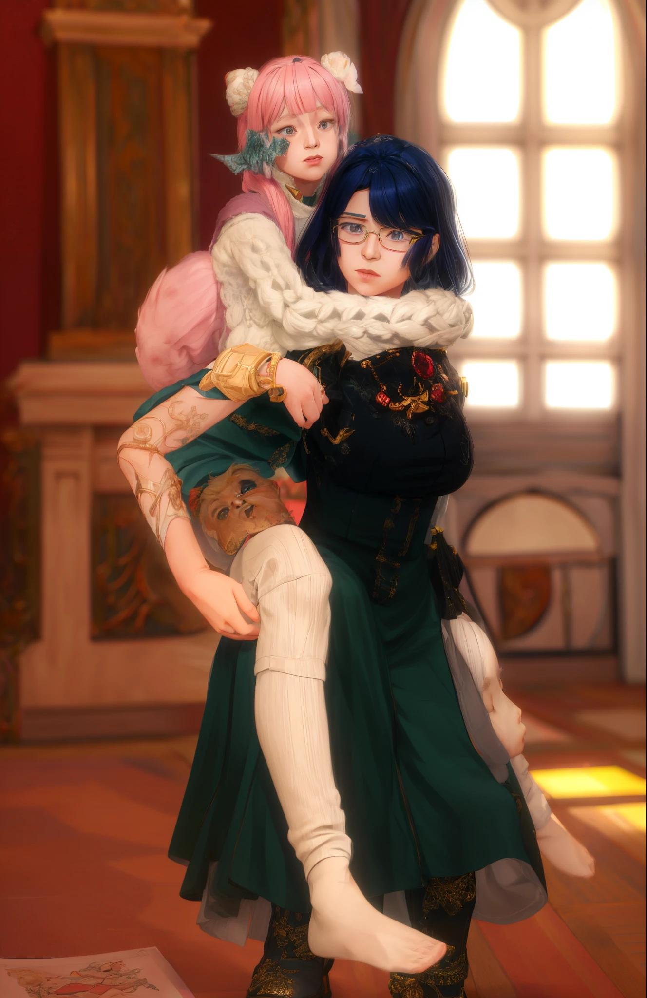 there is a woman holding a child in a room, ((wearing aristocrat robe)), nixeu and sakimichan, 8k octae render photo, 2b, 2 b, holding a pudica pose, wlop and sakimichan, pixiv 3dcg, doing an elegant pose over you, danbooru and artstation