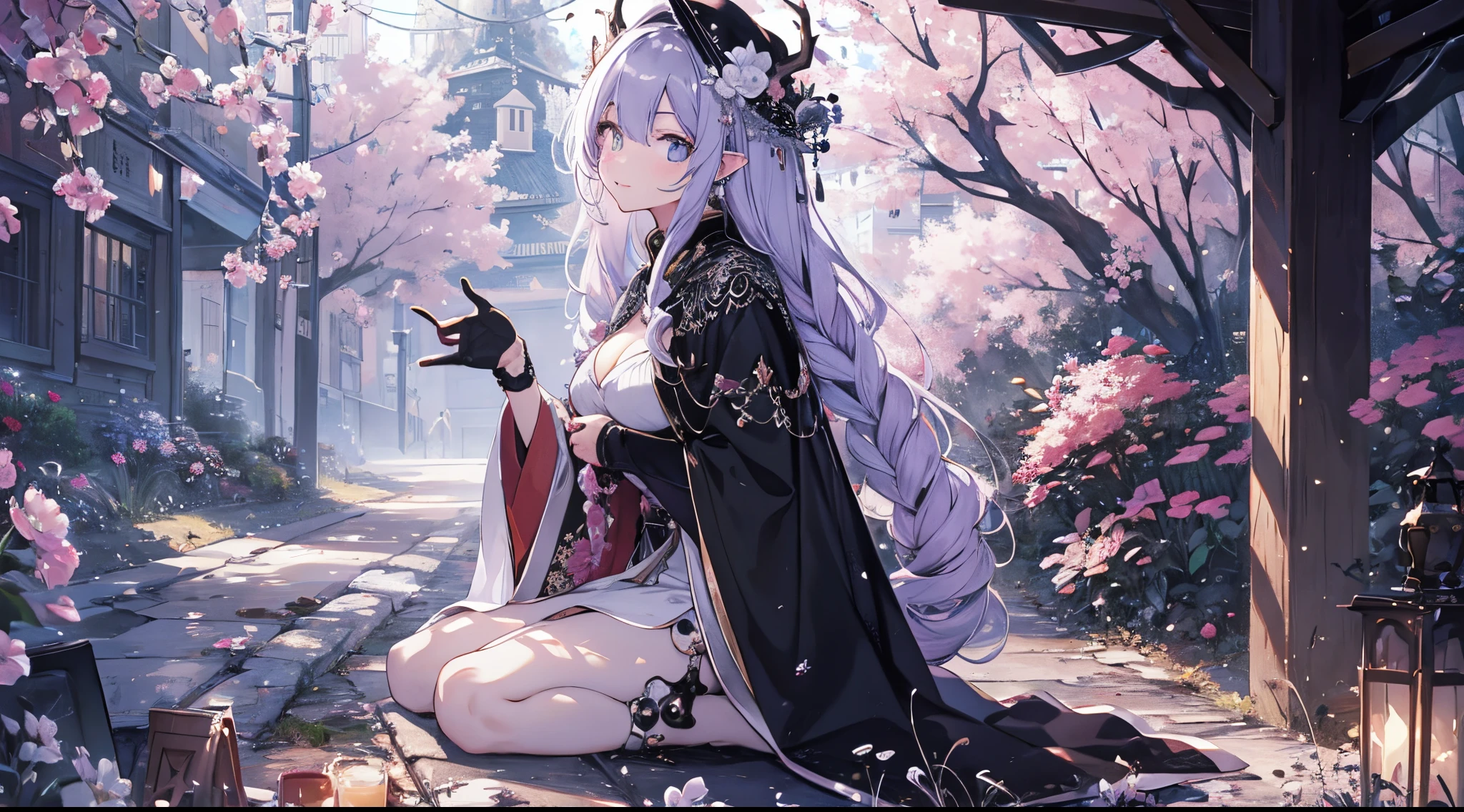 ((tmasterpiece:1.4,Best quality at best))+,(hyper-detailing)+,(bandages around eyes:1.5)+,(pointy ears:1.5),
(cute girls),15year old,(Wrap limbs in black cloth:1.15),(Long pale pink hair,long braid,Bushy hair:1.5),(wariza:1.2),pale-skinned,Seductive smile,black crystal block,Red crystal on forehead,Black veil,deadwood vine,lavender hat,deer antlers,pearls necklace
(She is wearing a light pink Hanfu,gray cloak,bone pattern,:1.5),(black Bracelet:1.4),Sakura tiara,dense fog,black colossus,black fingernails,red apple,Sitting on an old wooden chair,metal chains,Black silk gloves,
(Demon Maiden:1.1),
(dawn light:1.2),
(Thick black and white:1.16),(depth of fields:1.4),Complicated details,color mixing,Detailed route,Excellent,super detailing,The content is very detailed,(hight contrast:1.11),ventania,Amazing cleavage,beautidful eyes,messy hair,(best illuminate,Extremely Delicately Beautiful), ((movie light lighting)), (seen from the side:1.3),8K,tmasterpiece,Best quality at best,cinematic Film still from,1 plump girl,(Close-up cleavage:1.1),bright,Interesting,gentlesoftlighting,(bauhause,shape,line engineering,Abstract:1.1)offcial art, Unity 8k壁纸, ultra - detailed, Beautiful and beautiful, tmasterpiece, Best quality at best, (dynamic angle:1.4),PerfectNwsjMajic,(tmasterpiece,top-quality,Best quality at best,offcial art,Beauty and aesthetics:1.2),The content is very detailed,rich colourful,highest details,