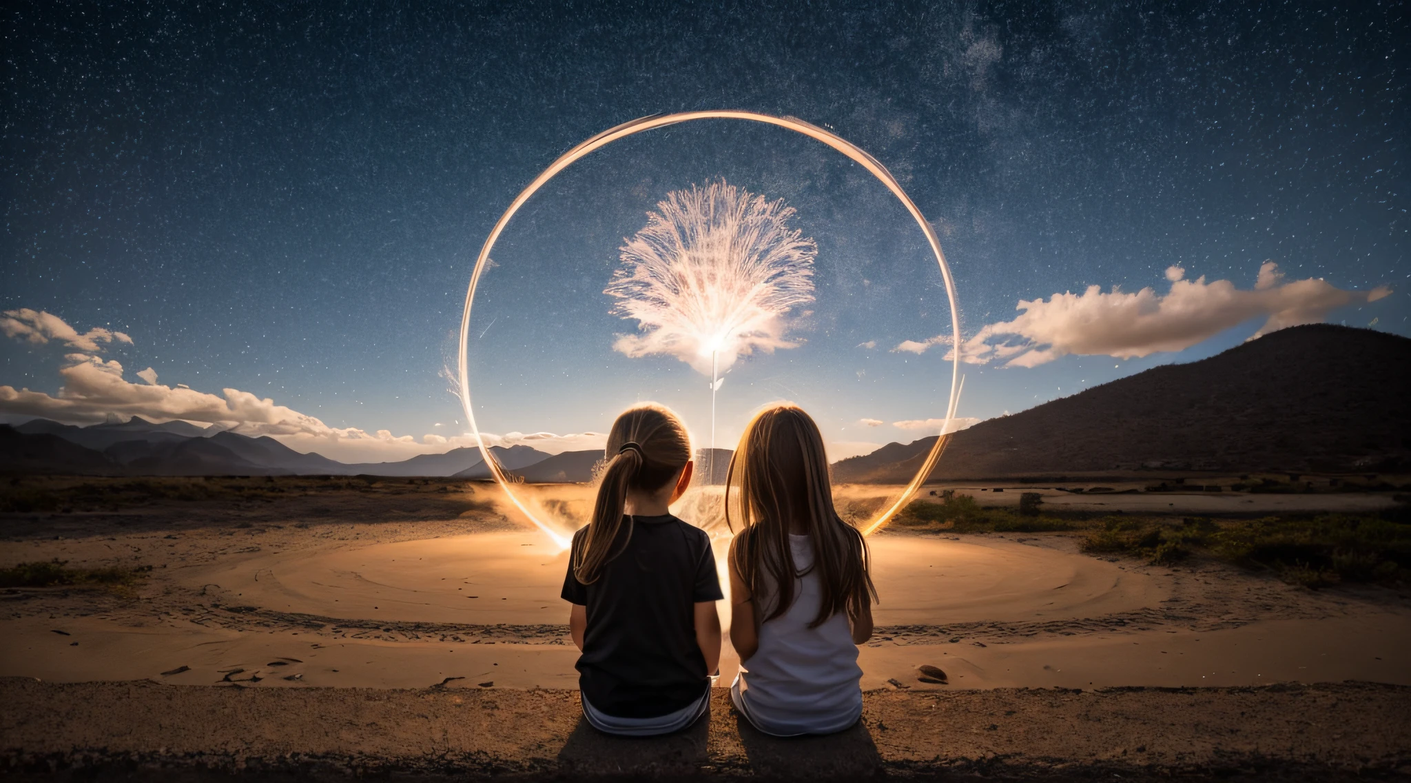 there are two CHILDREN girls in front of a ring of fire, tinta de luz difusa, pintura de luz, pintura de luz, tinta luminescente luminosa, Shutterstock, Tinta transparente, desfoque de movimento de pintura de luz, Foto retrato, halo de fogo luminoso, Vencedor do concurso Pexels, ponto de fogo, Foto vencedora do concurso Unsplash, Rotating smoke trails, Directed by: Sebastian Spreng