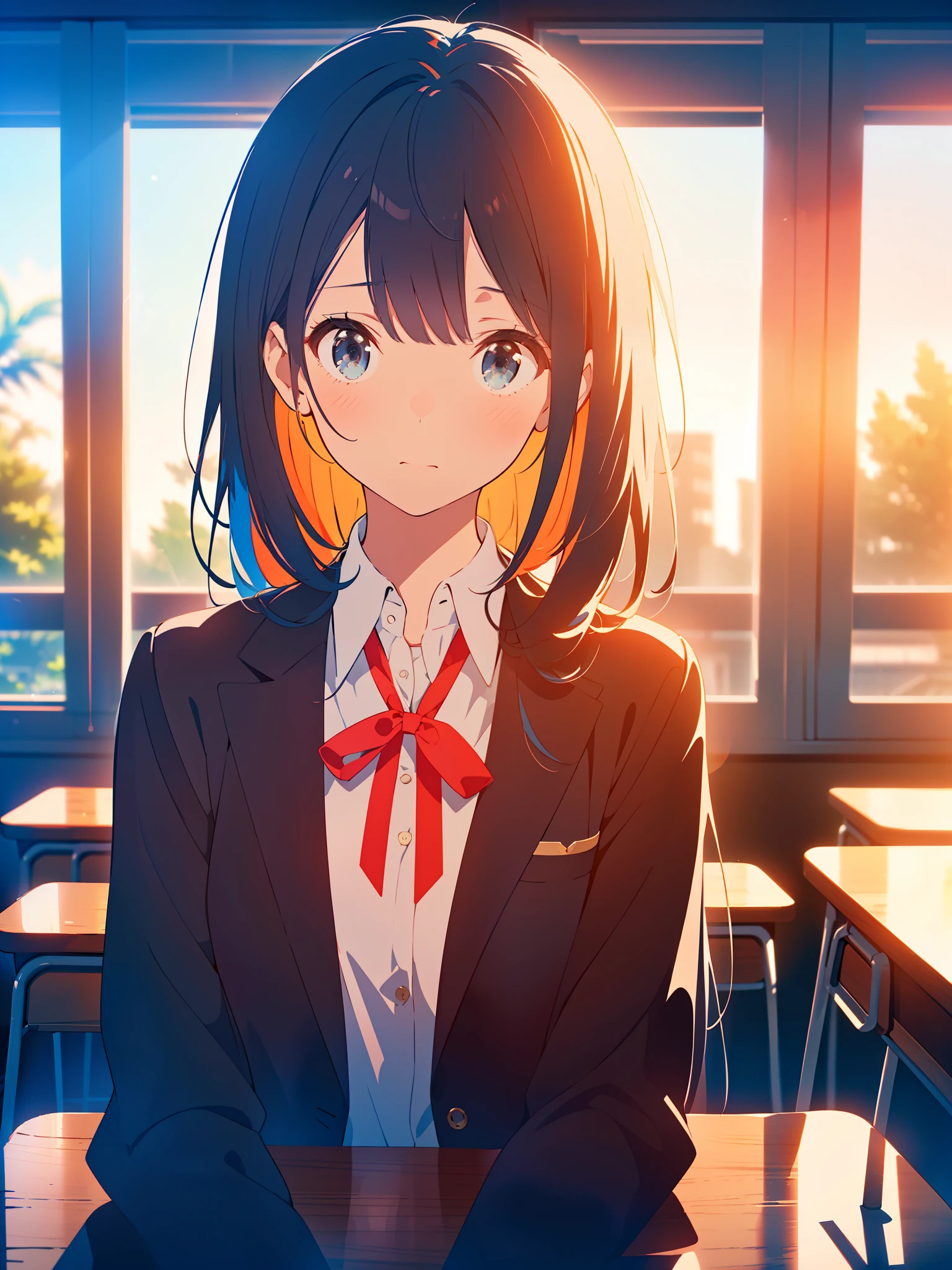 ((masterpiece)), (vibrant color), cute girl, (best quality), (ultra detailed), (sharp focus), (depth of field), (cinematic lighting), black hair, long hair, black eyes, (looking away), dark blue blazer, shirt, ribbon, upper body, in the classroom