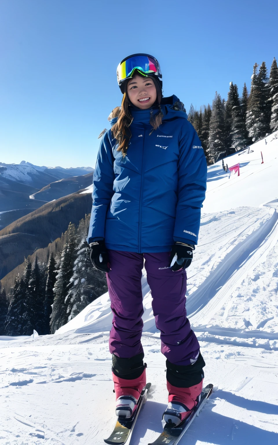 the top of the ski resort、snowboarder girl、burton wear、Snowy days、gentle sunshine、Full-bodied angle、