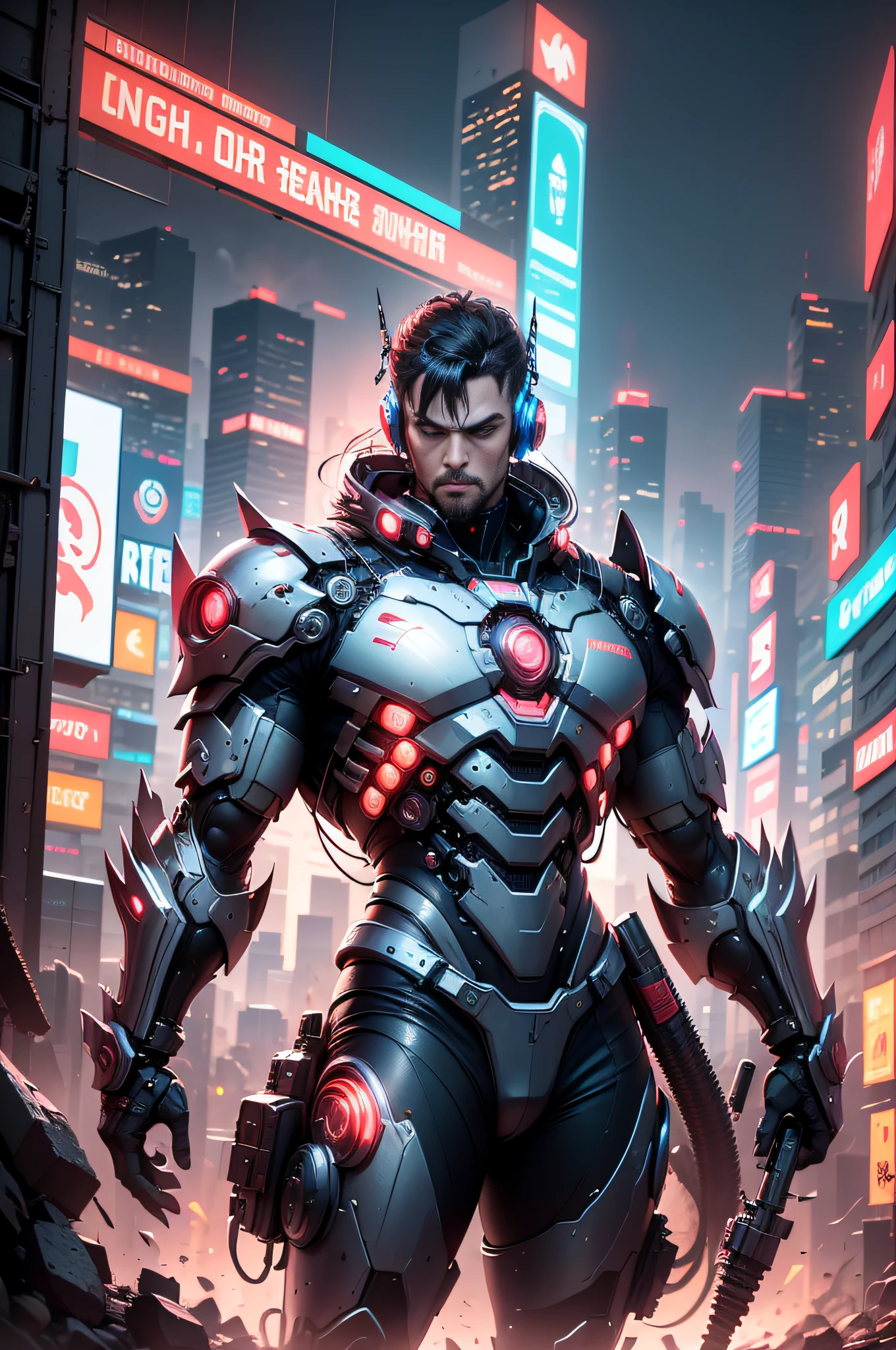 The determination of the fighter. Generate cyberpunk-style images, Buildings，Strong male warrior standing tall in neon lit cityscape. Armed with high-tech weapons，Future technology，He embodies honor and integrity, Get ready to fight for the truth. The image should reflect his determination in fitting，blasts，Escape from people in distress