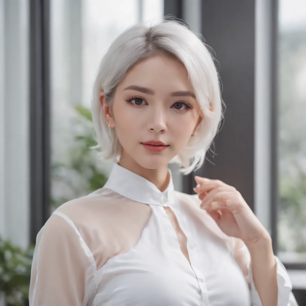 Sweet expression, white glasses, white short hair, (8k, RAW photo, photorealistic:1.25) ,( lip gloss, eyelashes, glossy face, glossy skin, best quality, Super high resolution, depth of field, chromatic aberration, caustics, wide light, natural shadows, Kpop idol) looking at viewer with serenity and goddess-like bliss, full body, black stockings, see-through shirt, white shirt, secretary