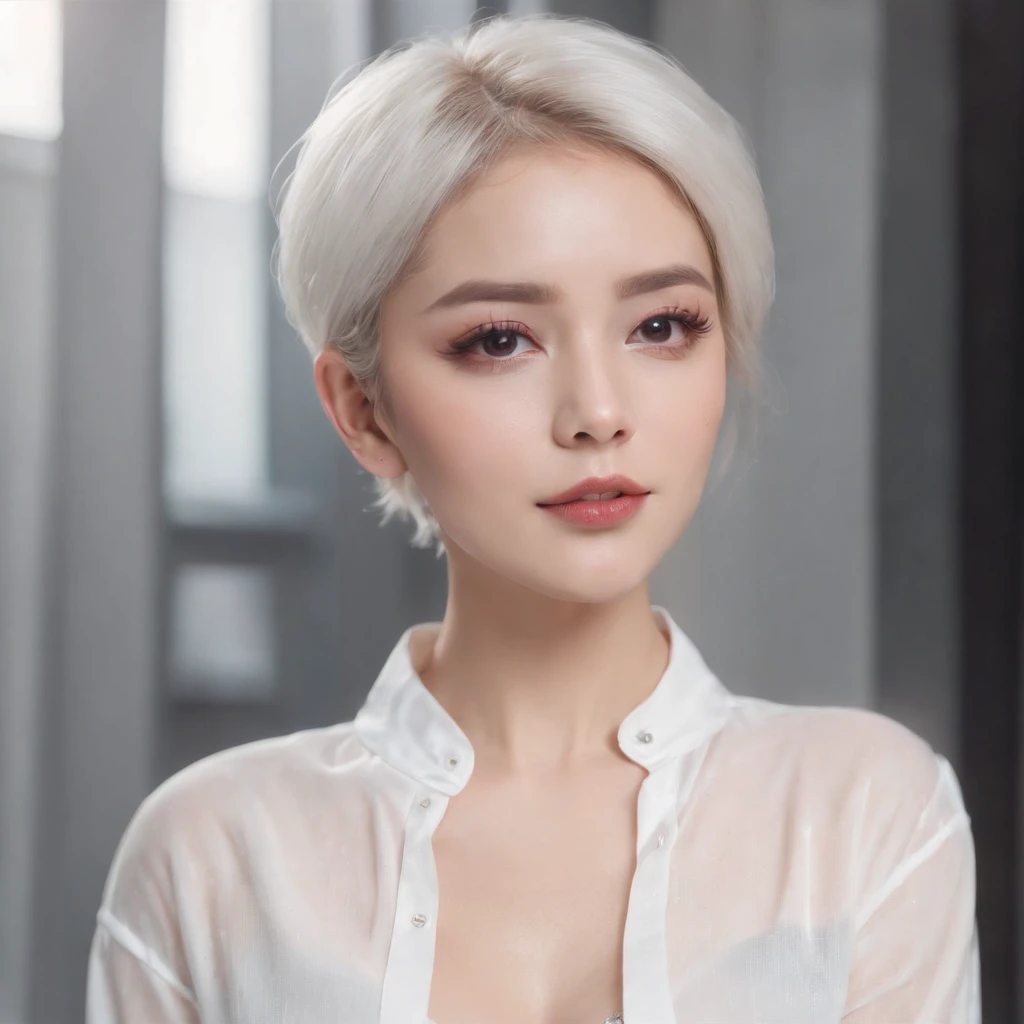 Sweet expression, white glasses, white short hair, (8k, RAW photo, photorealistic:1.25) ,( lip gloss, eyelashes, glossy face, glossy skin, best quality, Super high resolution, depth of field, chromatic aberration, caustics, wide light, natural shadows, Kpop idol) looking at viewer with serenity and goddess-like bliss, full body, black stockings, see-through shirt, white shirt, secretary