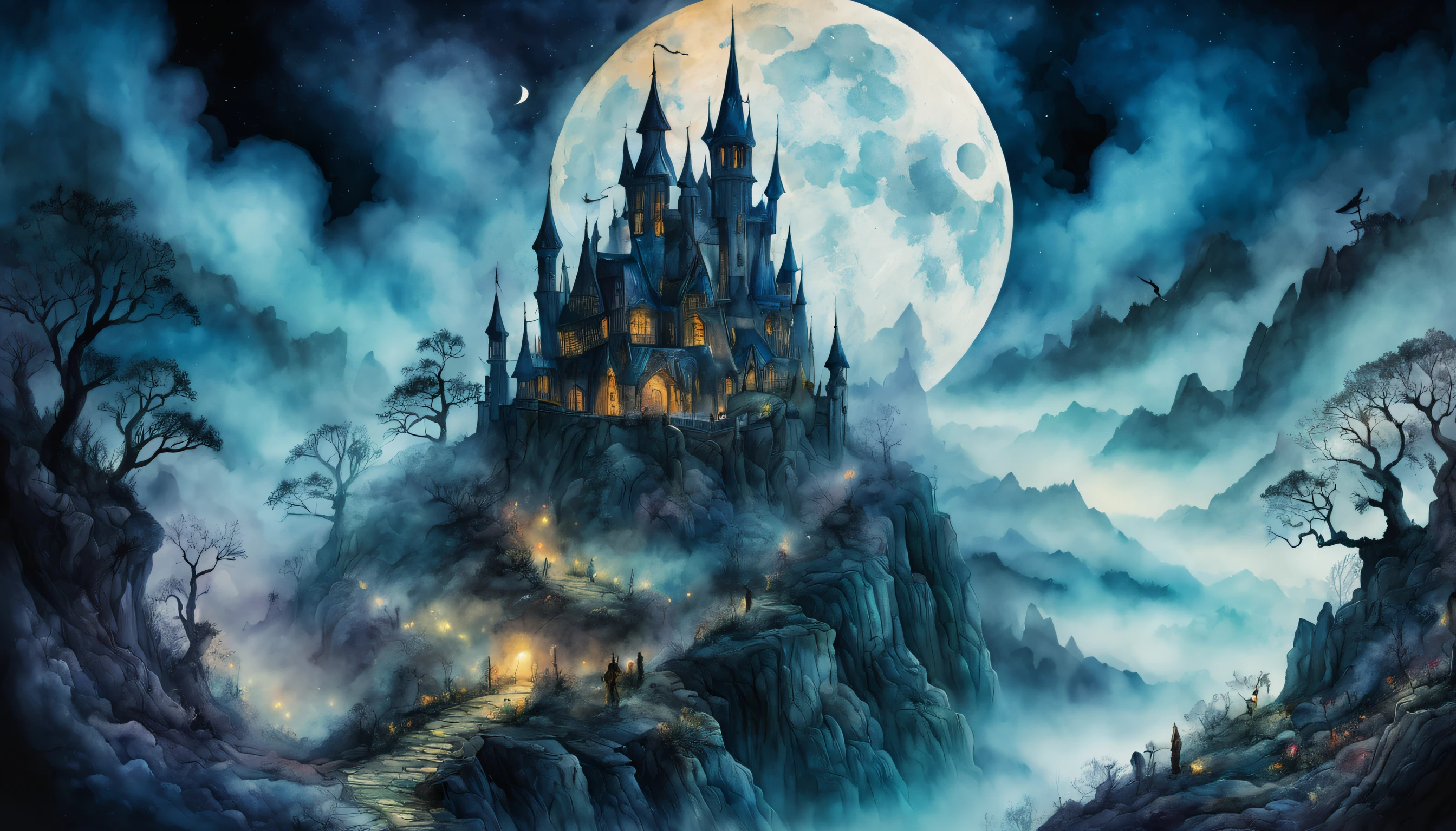 Lost Land of otherworldly dreams, fantasy, magic, watercolor, ink, acrylic, double exposure, mythological, great detail, mid-night, moon, fog, gothic gloom, art on a cracked paper, storybook detailed illustration, cinematic, ultra highly detailed, tiny details, beautiful details, mystical, luminism, vibrant colors