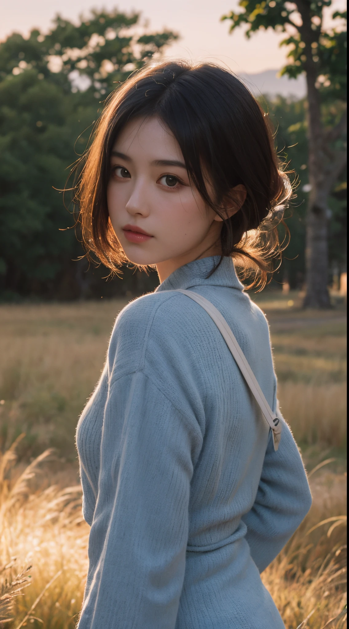 Best Quality,masutepiece,超A high resolution,Photorealistic,Raw photo,Unity 8k壁纸, in a panoramic view, Cinematic lighting,
on grassland, Sunset, Dappled sunlight, Golden Hour Lighting, Backlit lighting, the background is blurred, (Lens Flare), Wind, Pastel colors, Soft light,
1girll,short flowing hair, Elegant, Upper body,