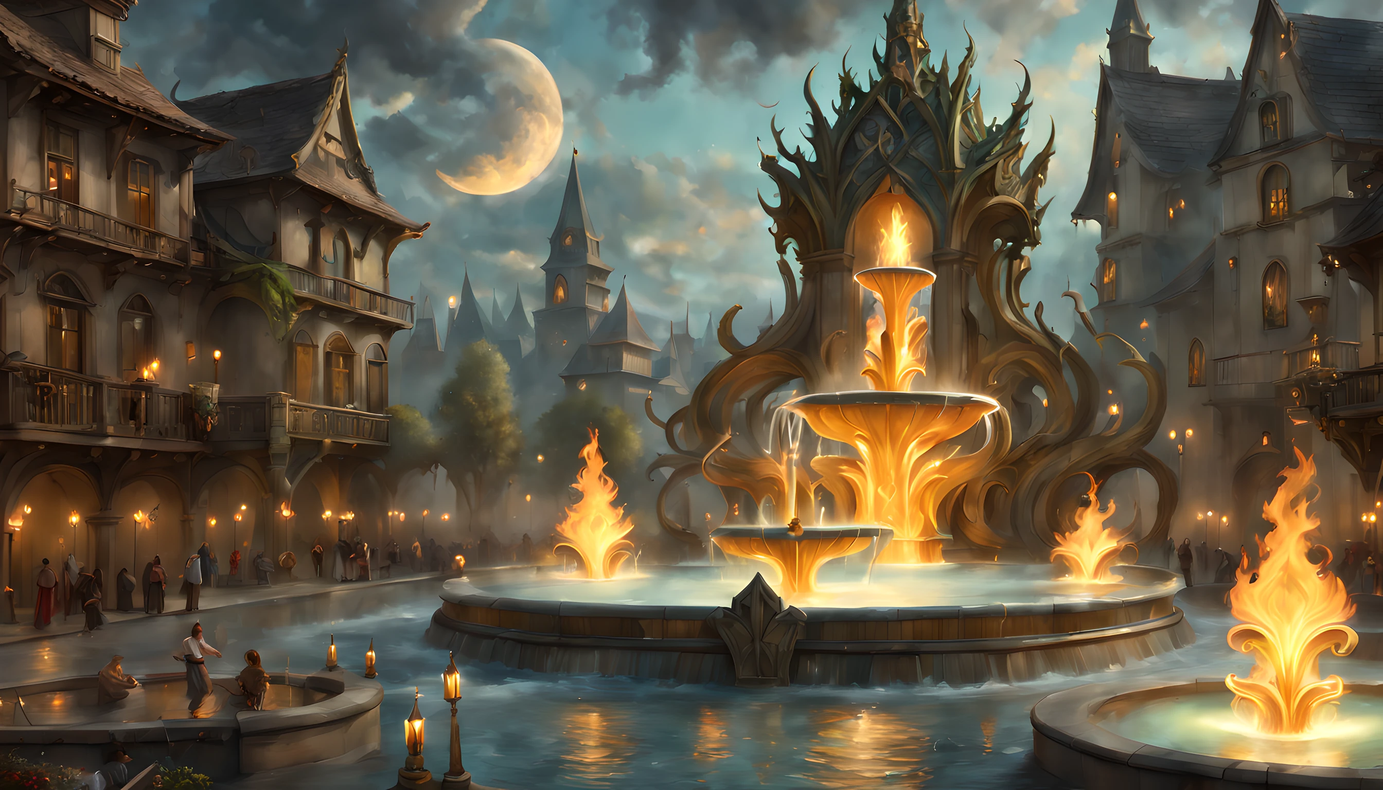 Fantasy art, RPG art, there is an epic sized magical (water fountain: 1.3) in an elven city town square, it has magical runes gl0w1ngR in the basin of the fountain, many rivulets of water entwined in (fire: 1.2), faize, the fire is combined with the water streams, its night time, moon is rising, photorealistic, 16k, RAW, award winning, (best detailed: 1.5), masterpiece, best quality, (ultra detailed), full body, ultra wide shot, abstract fractal