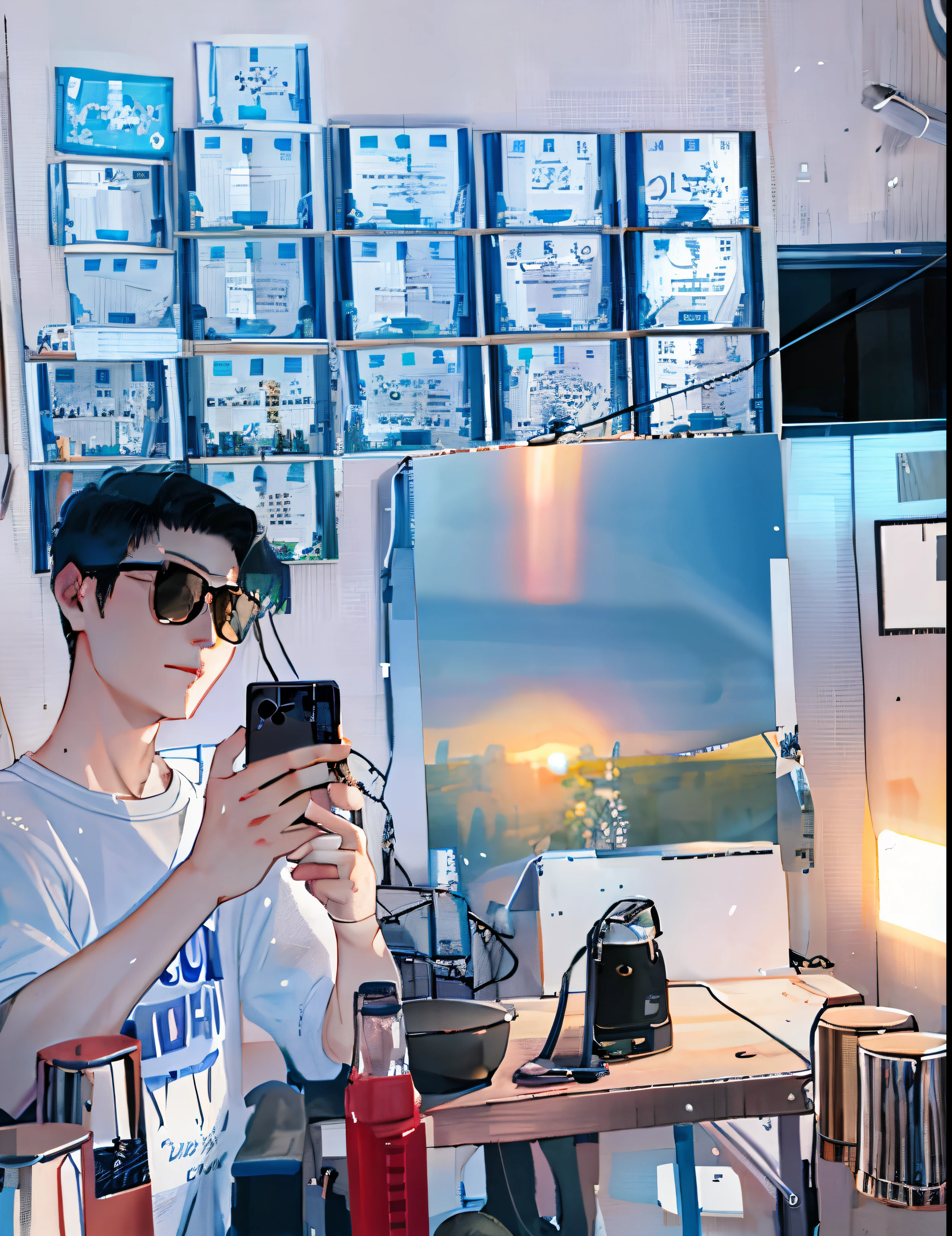 There is a man taking pictures of himself in the mirror, self-shot, Wong Kar-wai style, with sunglass, Selfie Photos, Take a selfie in front of the mirror, aesthetic shoot, very very low quality picture, low quality photo, self-shot!!!!! of a man, 1 7--old ’s face slimming, looking at his phone, 8K selfie photo