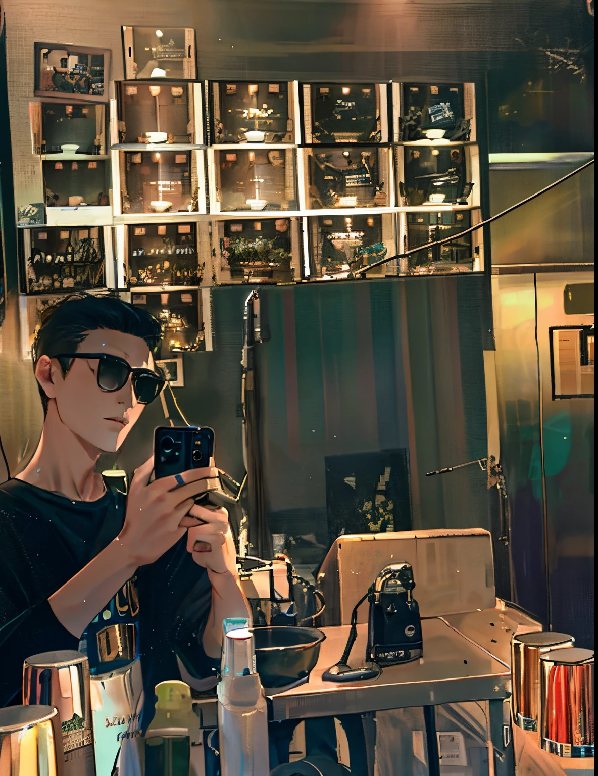 There is a man taking pictures of himself in the mirror, self-shot, Wong Kar-wai style, with sunglass, Selfie Photos, Take a selfie in front of the mirror, aesthetic shoot, very very low quality picture, low quality photo, self-shot!!!!! of a man, 1 7-year-old boy’s face slimming, looking at his phone, 8K selfie photo