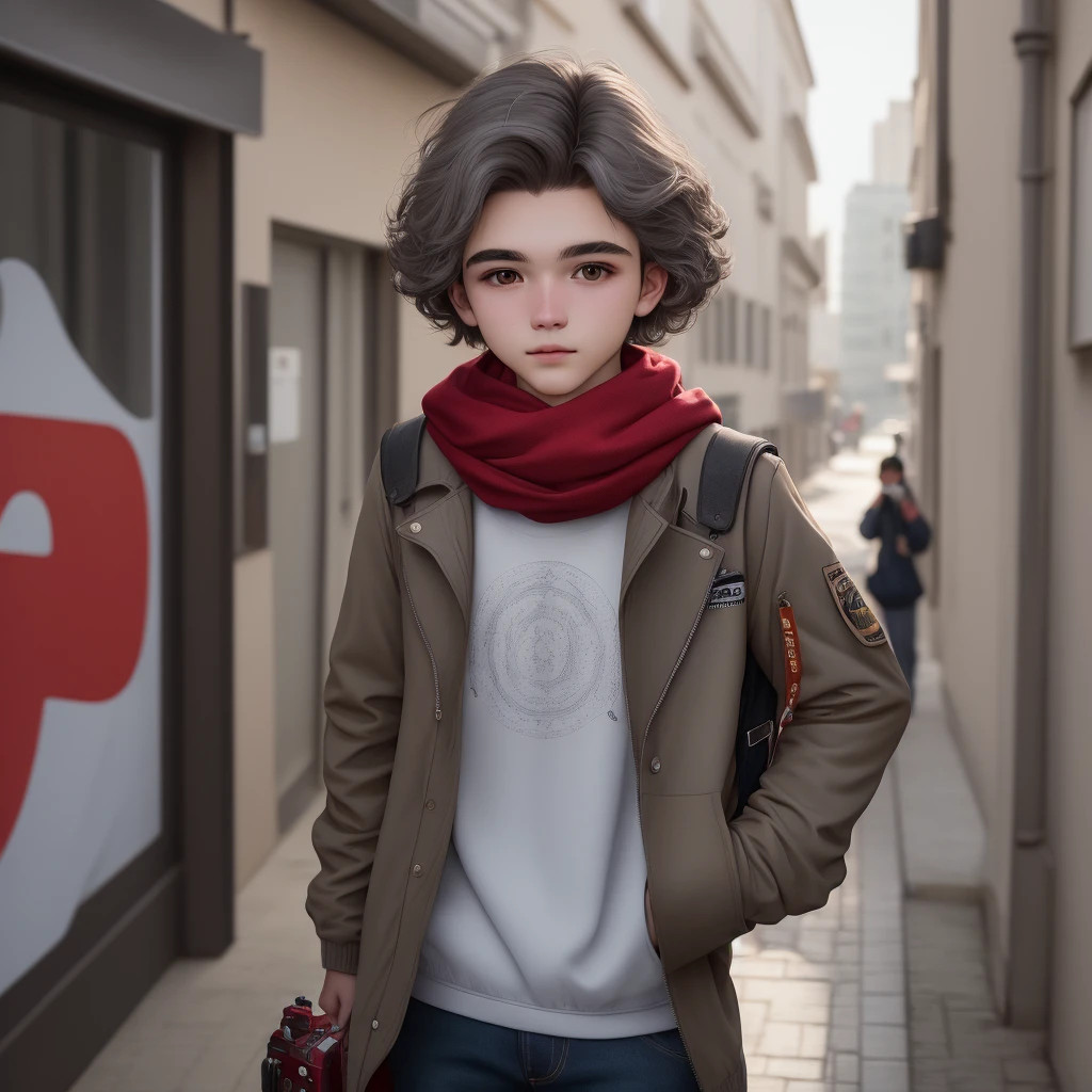 melhor qualidade, ultra fotorrealista, fotorrealismo, 8k, fotografia, foto de um jovem, jaqueta, orelhas tachas, gray scarf, pullover, curto vento varrido cabelo castanho claro, apto