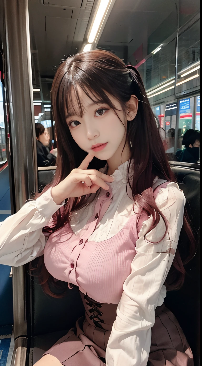Korean Beauty,Sitting on the train,(((tmasterpiece))), ((best qualtiy)), ((intricate detailes)), ((Ultra-realistic realism)), Ridiculous resolution, A MILF, Mature Woman, ighly detailed, illustratio, 1girll,((Large breasts)), perfect hand, Detailed finger, Beautiful detailed eyes, Lowered twin tails, Colored inner hair, Very long black hair, Very bright pink hair, with brown eye, Name badge, ( Korean style long sleeve dark pink ruffle lace up pleated skirt, Black knee-high socks:2.2),detailedbackground, Perfect seductive eyes,Slightly open mouth, ((Ephemeral Girl:1.2))