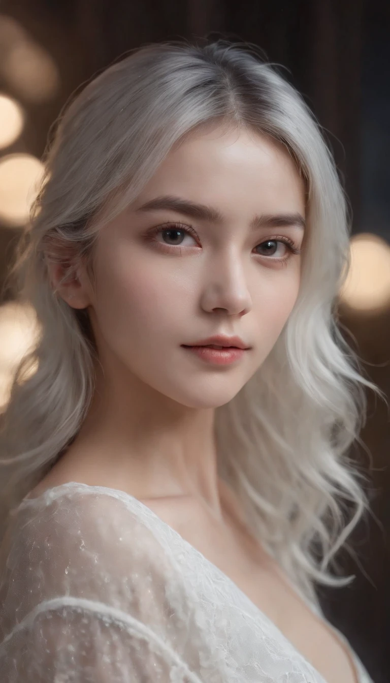 (8k, RAW photo, best quality, masterpiece:1.2), (realistic, photo-realistic:1.37),1girl,cute,cityscape, night, rain, wet, professional lighting, photon mapping, radiosity, physically-based rendering,, gradient black colour hair,, White hair, short curly hair, girl, white suit,(clear face), (detailed facial description), (detailed hand description), (masterpiece), (exquisite CG), extreme light and shadow, messy hair, master's work, rich details, (fine facial features), (highest quality picture), (masterpiece), (detailed eyes),Look ahead with your eyes