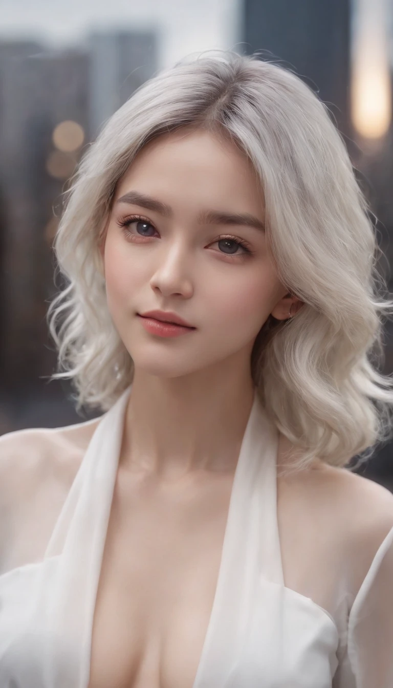 (8k, RAW photo, best quality, masterpiece:1.2), (realistic, photo-realistic:1.37),1girl,cute,cityscape, night, rain, wet, professional lighting, photon mapping, radiosity, physically-based rendering,, gradient black colour hair,, White hair, short curly hair, girl, white suit,(clear face), (detailed facial description), (detailed hand description), (masterpiece), (exquisite CG), extreme light and shadow, messy hair, master's work, rich details, (fine facial features), (highest quality picture), (masterpiece), (detailed eyes),Look ahead with your eyes