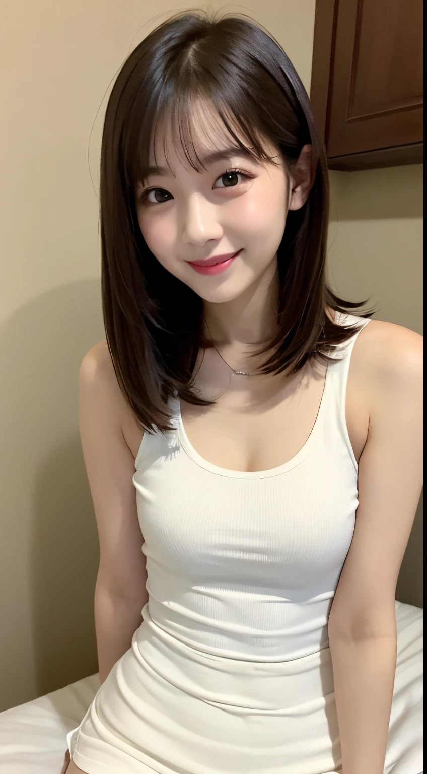 White Tight Tank Top、White tight mini skirt、a bed、a smile、high-level image quality
