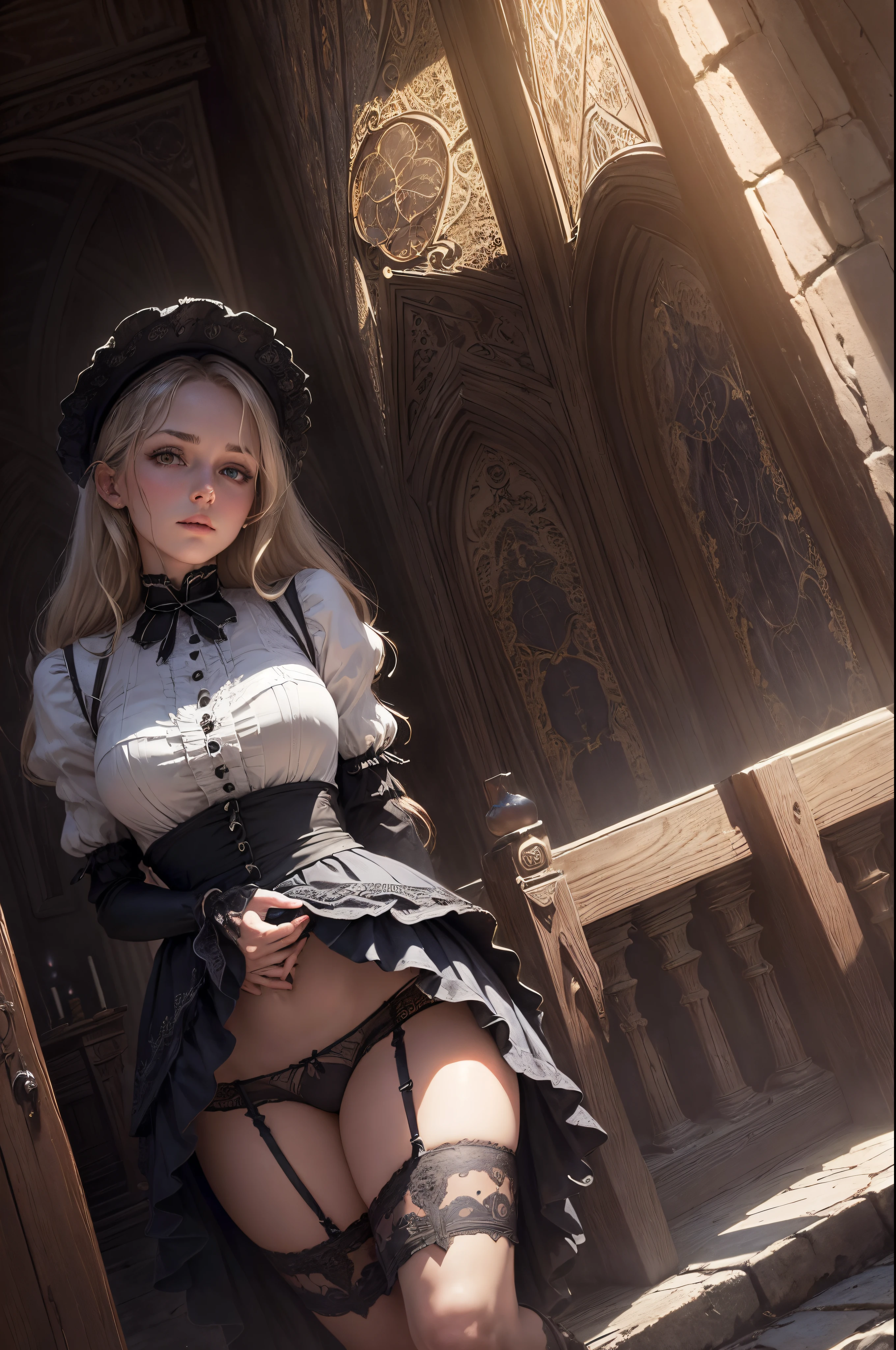 (The wind lifts the skirt:1.9)、(You can see the panties.:1.9)、low angles、(Best Quality,4K,8K,hight resolution,masutepiece:1.2),Ultra-detailed,(Realistic,Photorealistic,Photorealsitic:1.37),(Very mini skirt:1.9)、Virginia Otis, 、、 (a blond, Blue eyes),Thin,Cute face,Beautiful detailed eyes,Beautiful detailed lips,extremely detailed eye and face,long eyelashes,Victorian dark fantasy,Stroll around Canterville Castle at night,he died in 1887,in a garden,Moonlit landscape,Whispering Tree々,darker shadows,Unforgettable atmosphere,Mysterious,broody,gothic atmosphere,Antique architecture,Creepy mood,Dusty room,vintage furniture,Dramatic Lighting,cobblestone pathway,carved wooden door,Crimson Velvet Curtain,Gorgeous Chandeliers,Old oil paintings,squeaky floorboards,Moonlight shining through a stained glass window,secret passageway,Flickering candlelight,Only a faint whisper breaks the silence,presence of ghosts,The feeling of being watched,tingling sensation down the spine,secrets hidden in the castle,The spiritual realm,paranormal phenomenon,unsettling ambiance,haunted house､