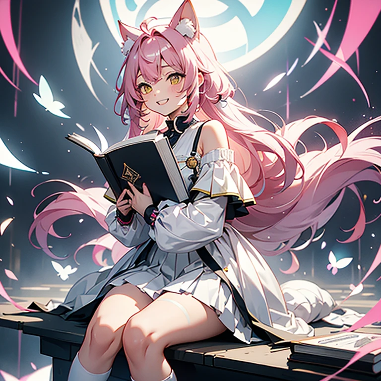 girl with、Pink hair、（short、Rainbow gradient）、Yellow eyes、Attach the cat ear unit to your head、off-the-shoulder white dress（Black Line、White pleated skirt）、The letter IX on the shoulder、Black knee-high socks、thigh、９Attack with the protruding tail of a book、red effect、Effects of electricity、Laughing、Futuristic feel