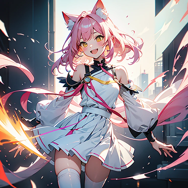 girl with、Pink hair、(short、Rainbow gradient)、Yellow eyes、Attach the cat ear unit to your head、off-the-shoulder white dress(Black Line、White pleated skirt)、The letter IX on the shoulder、Black knee-high socks、thigh、9Attack with the protruding tail of a book、red effect、Effects of electricity、Laughing、Futuristic feel