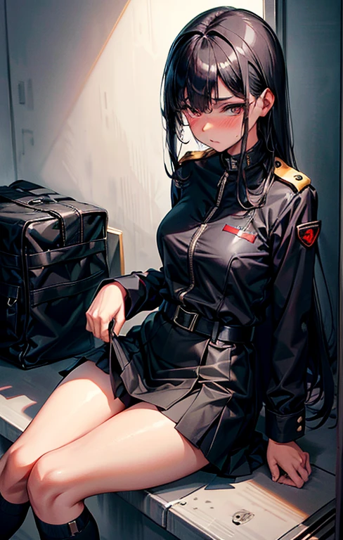 Black military uniform,a miniskirt,A dark-haired,Longhaire,Pussy juice,masturbated,orgasm,masturbation,embarrassed from,沒穿內褲,high-level image quality