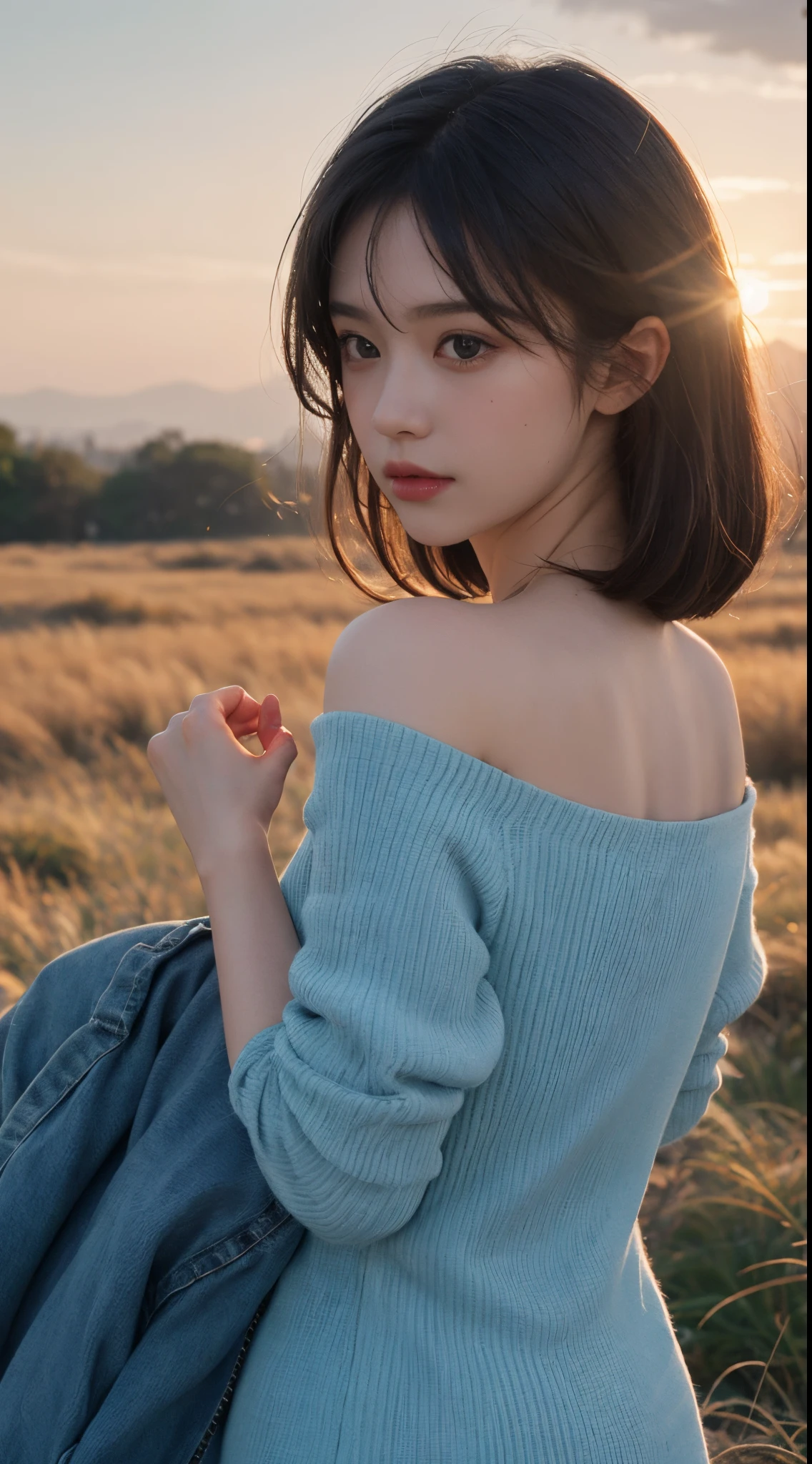 Best Quality,masutepiece,超A high resolution,Photorealistic,Raw photo,Unity 8k壁纸, in a panoramic view, Cinematic lighting,
on grassland, Sunset, Dappled sunlight, Golden Hour Lighting, Backlit lighting, the background is blurred, (Lens Flare), Wind, Pastel colors, Soft light,
1girll,short flowing hair, Elegant, Upper body,