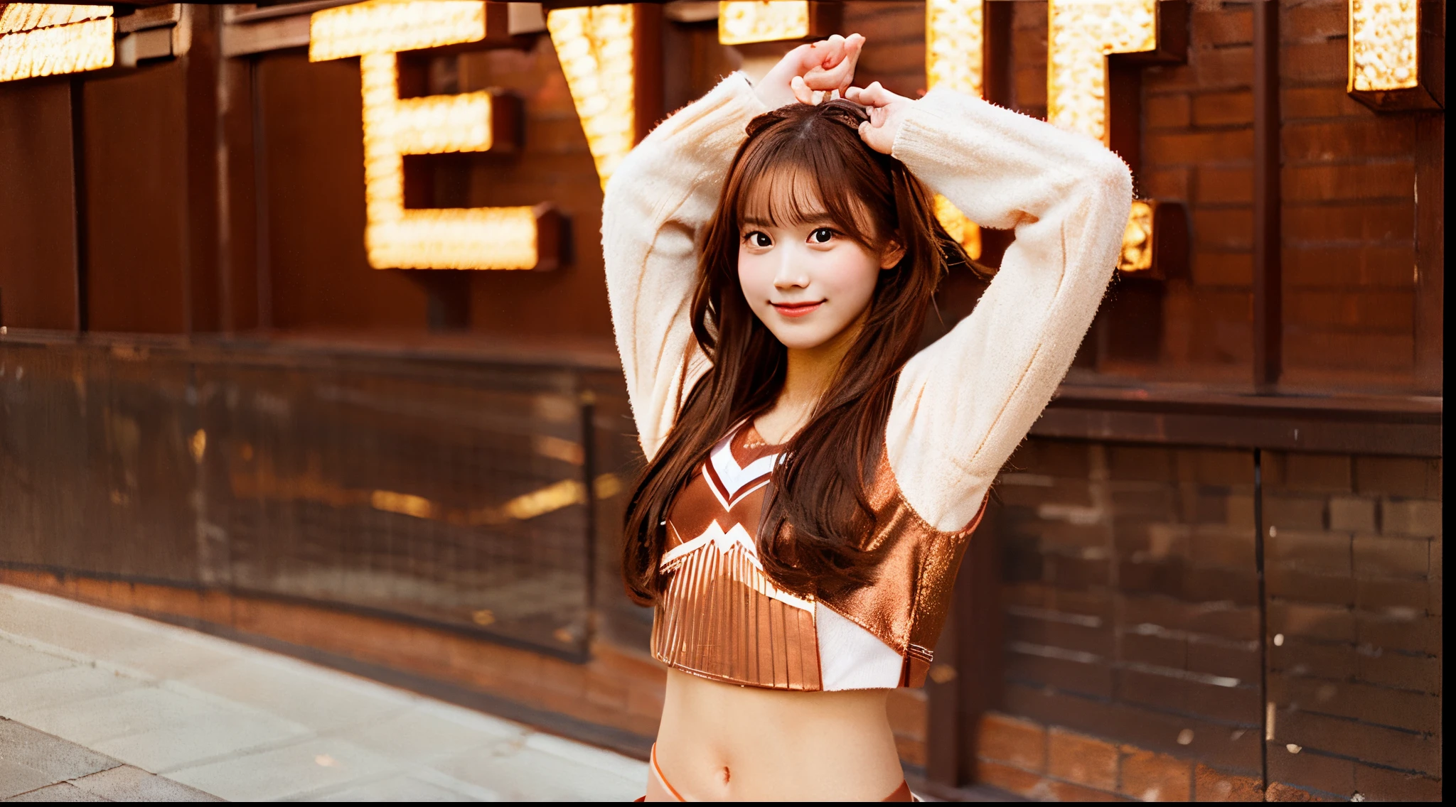 Cute cheerleader 18 years old in copper colored miniskirt