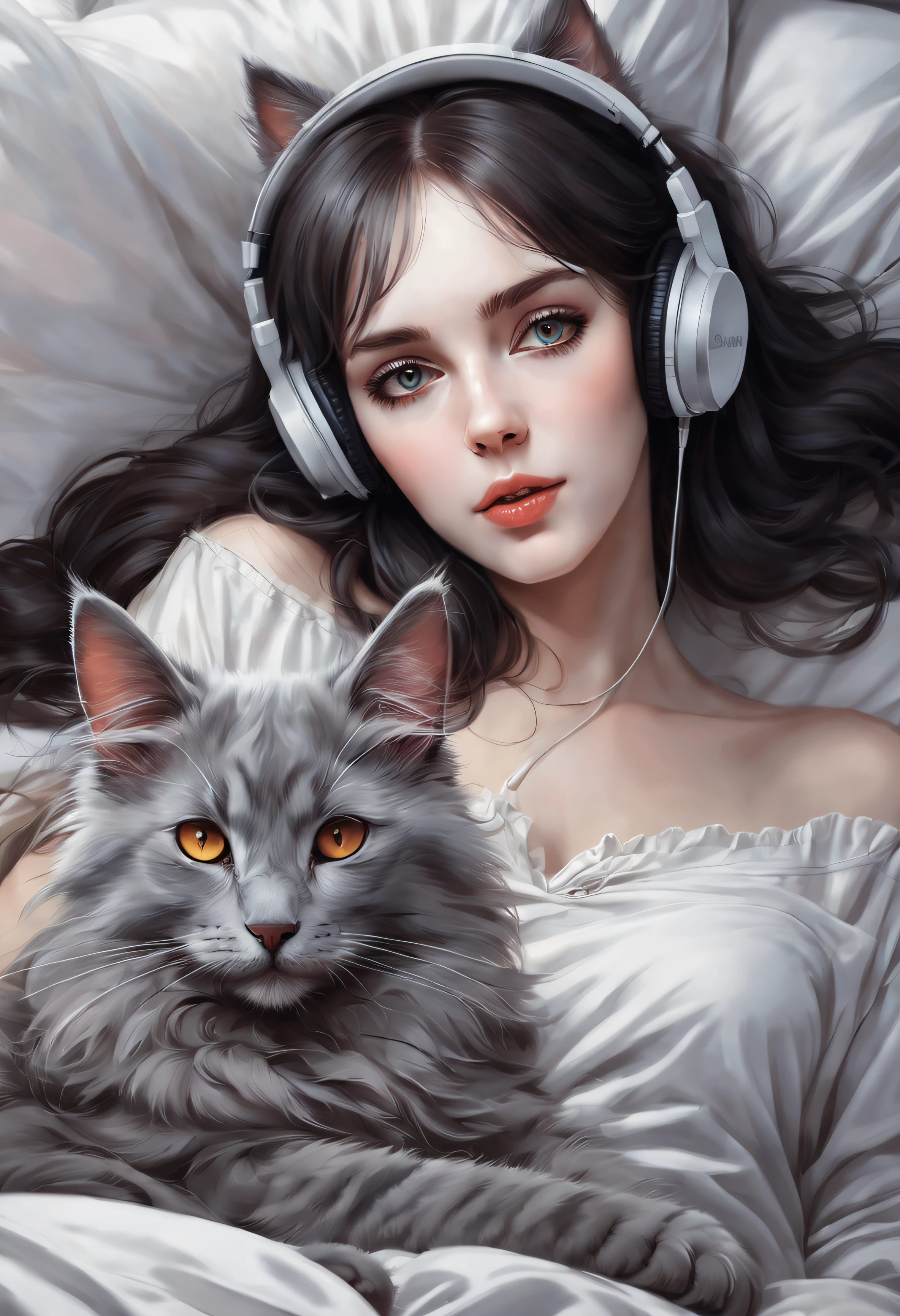 Young isabelle Adjani look alike woman laying in bed with headphones with her nebelung cat, very beautiful cute, cute digital art, nightcore, digital anime illustration, cute detailed digital art, adorable digital painting, artgerm. anime illustration, soft anime illustration, anime digital art, digital anime art, ! dream artgerm