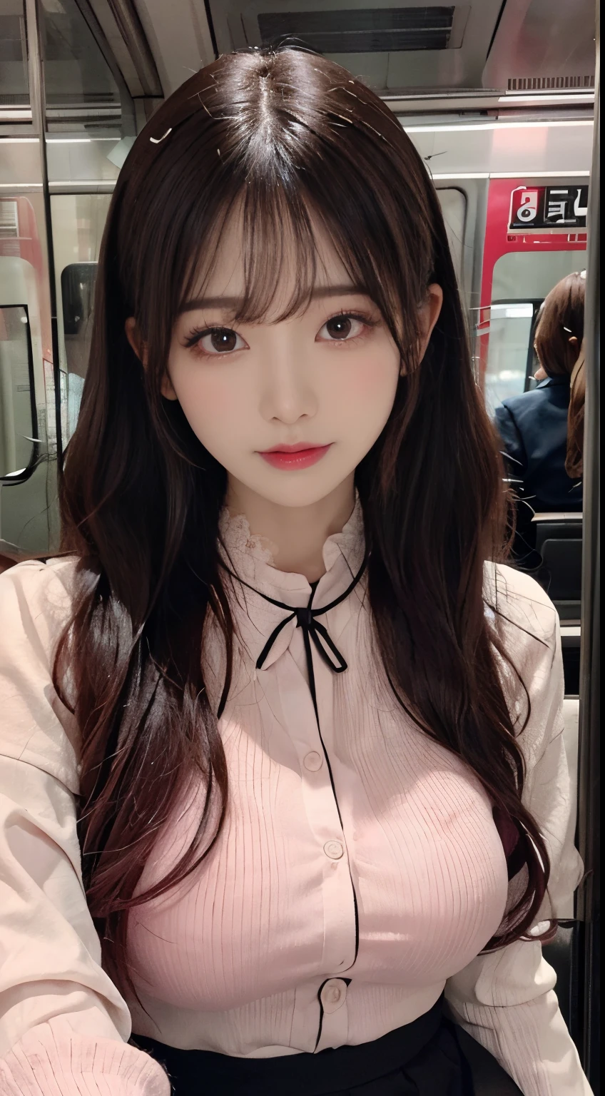 Korean Beauty,Sitting on the train,(((tmasterpiece))), ((best qualtiy)), ((intricate detailes)), ((Ultra-realistic realism)), Ridiculous resolution, A MILF, Mature Woman, ighly detailed, illustratio, 1girll,((Large breasts)), perfect hand, Detailed finger, Beautiful detailed eyes, Lowered twin tails, Colored inner hair, Very long black hair, Very bright pink hair, with brown eye, Name badge, ( Korean style long sleeve dark pink ruffle lace up pleated skirt, Black knee-high socks:2.2),detailedbackground, perfect eyes, mesmerizing eyes,Slightly open mouth, ((Ephemeral girl:1.2))