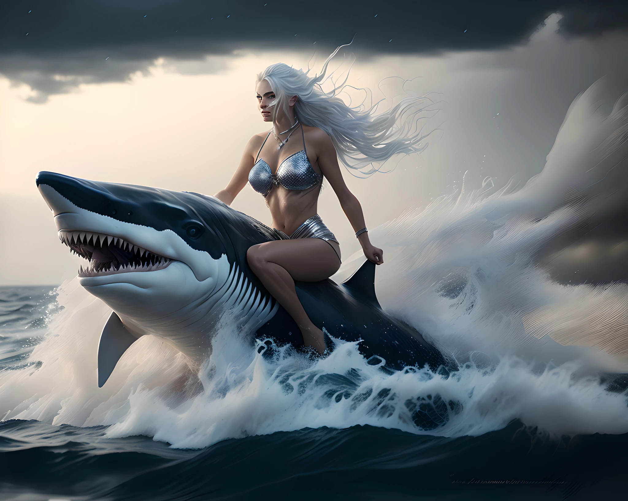 blond woman riding a shark in the ocean with a white hair, beautiful digital artwork, realistic fantasy illustration, by Johfra Bosschart, realistic fantasy artwork, amazing fantasy art, breathtaking fantasy art, epic digital art illustration, amazing digital art, fantasy art behance, 3 d epic illustrations, by Ignacio Zuloaga, by Alexander Kucharsky, realistic fantasy painting