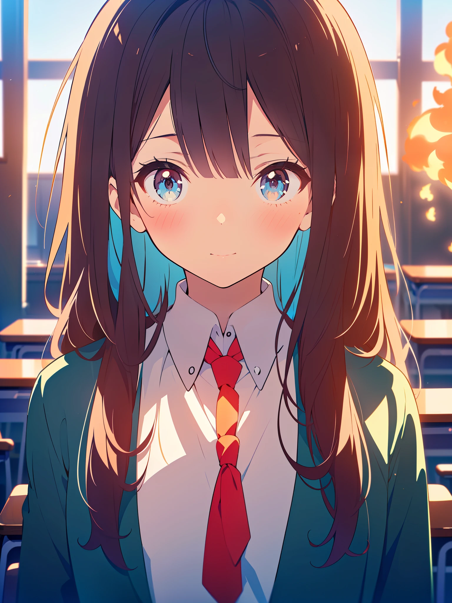 ((tmasterpiece)), (Vivid colors), cute female child, (Best quality at best), (ultra - detailed), (Focus sharp), (depth of fields), (电影灯光), brunette color hair, long whitr hair, 黑The eye, (Look away), dark blue blazer, The shirt, ribbons, The upper part of the body, in class room