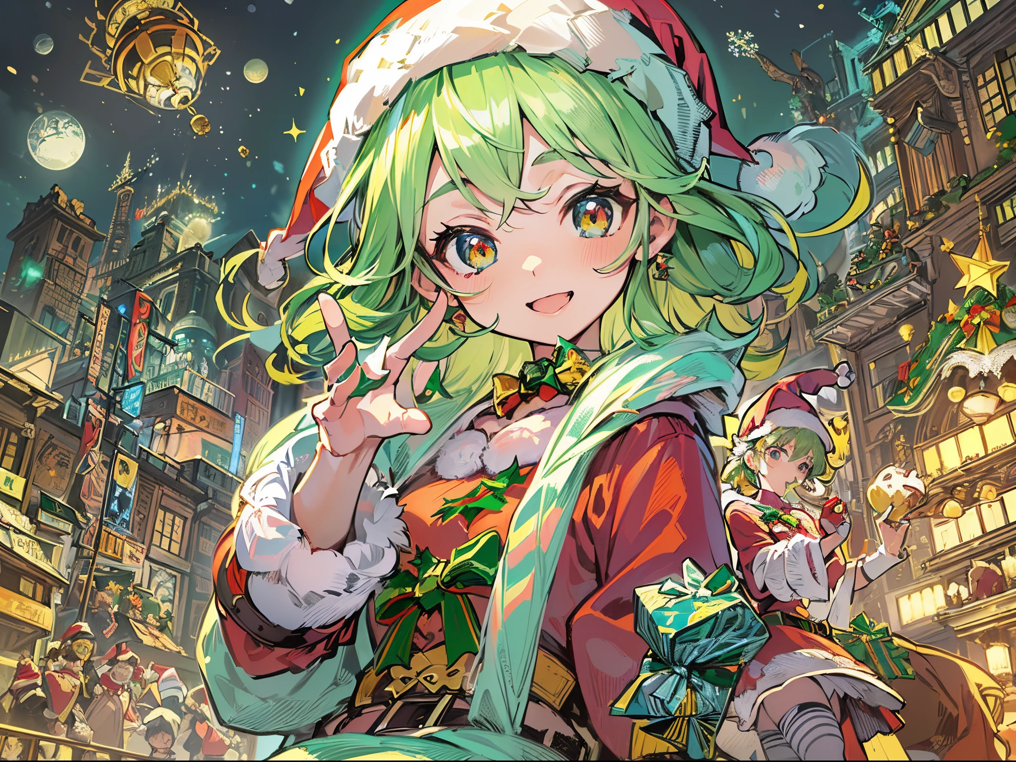 ((Finest quality)),(超A high resolution),(ultra-detailliert),(Meticulous portrayal),((Best Anime)),(Finest works of art),(Ultra-Precision Art),(The art of astounding depiction,Overwhelming depiction:1.5), (Female Santa Claus:1.5),a smile:1.8, sparkling colorful light:1.6,