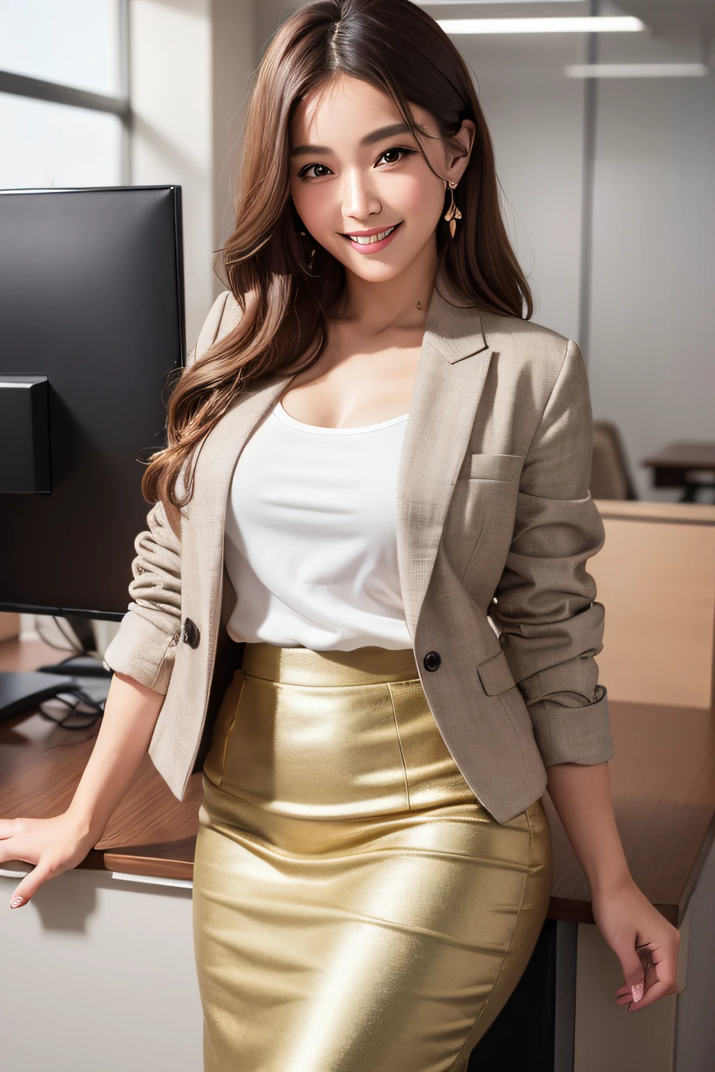 (Highly detailed CG Unity 8k wallpaper, top quality, ultra-detailed, high resolution, masterpiece, realistic, photorealistic:1.5), (cute Japanese girl), extremely detailed face, face focus, beautiful detailed eyes, eye focus, (detailed background), detailed clothes, super detailed skin, (wearing suits jacket:1.5), (wearing pencil skirt:1.5), (beautiful office building background:1.5), midi wavy hair, brown hair, floating hair, medium breast, medium ass, (make up), (adorable smile:1.3), (POV:1.5),