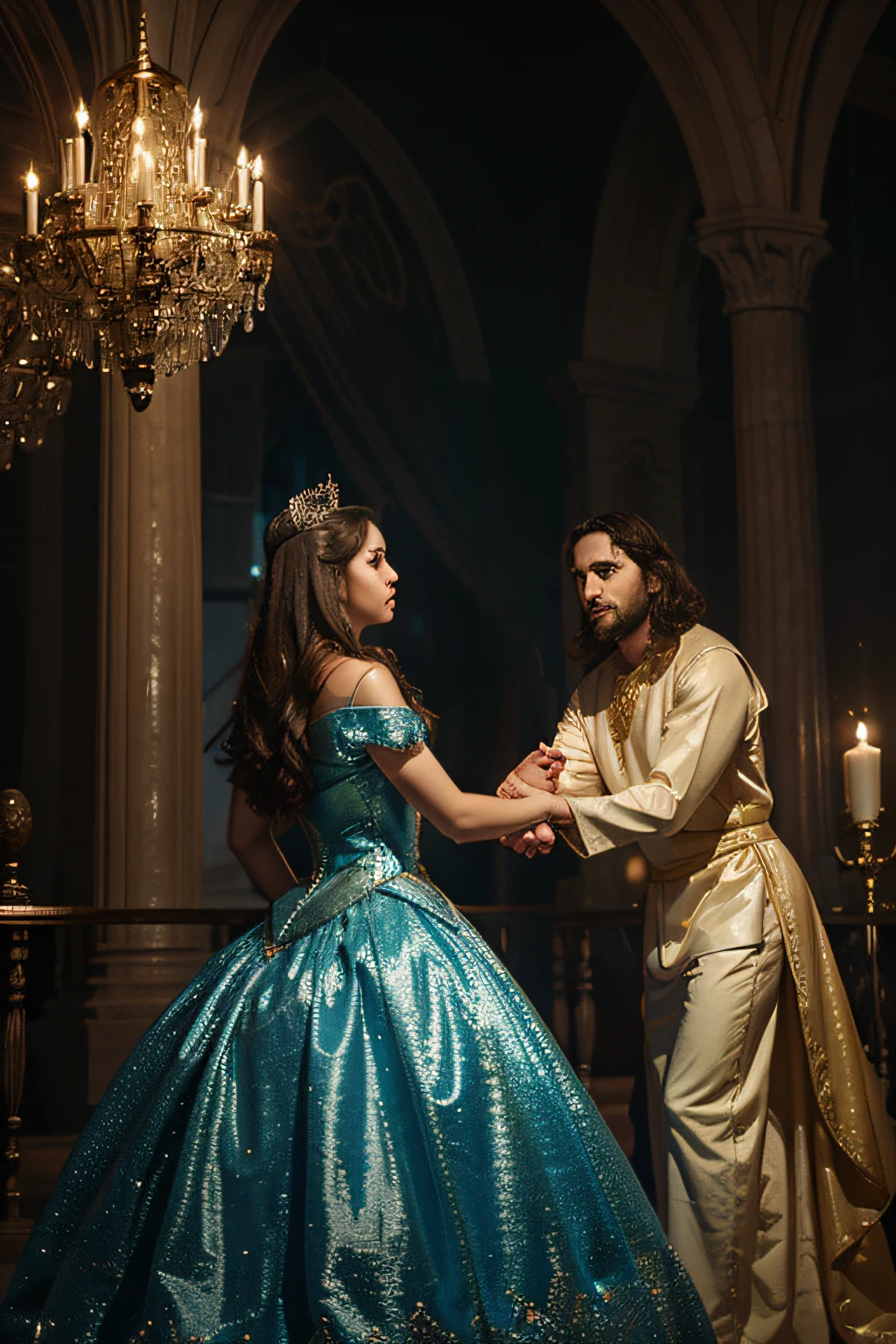 Make my image as a princess in a shiny dress facing another prince who is Jesus in his enchanted kingdom