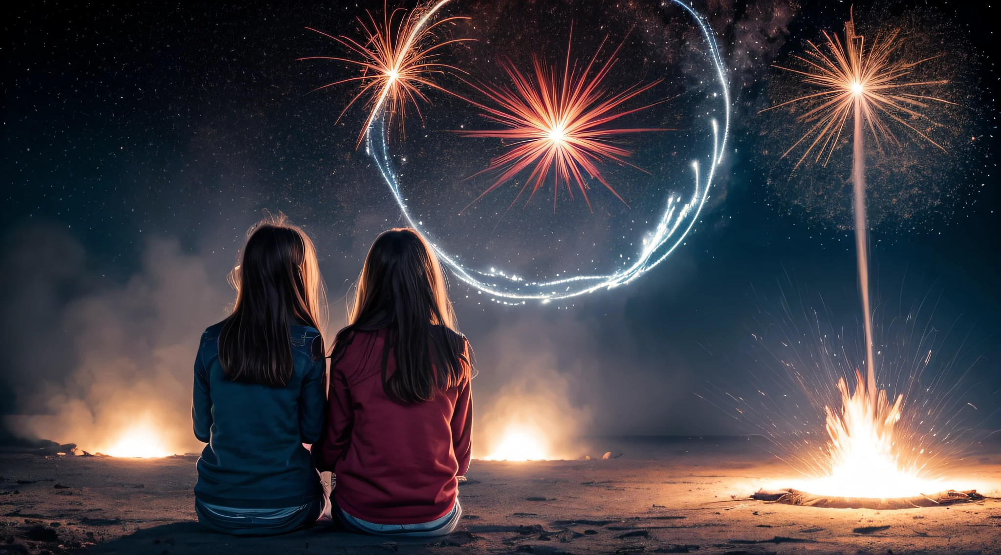 there are two CHILDREN girls in front of a ring of fire, tinta de luz difusa, pintura de luz, pintura de luz, tinta luminescente luminosa, Shutterstock, Tinta transparente, desfoque de movimento de pintura de luz, Foto retrato, halo de fogo luminoso, Vencedor do concurso Pexels, ponto de fogo, Foto vencedora do concurso Unsplash, Rotating smoke trails, Directed by: Sebastian Spreng