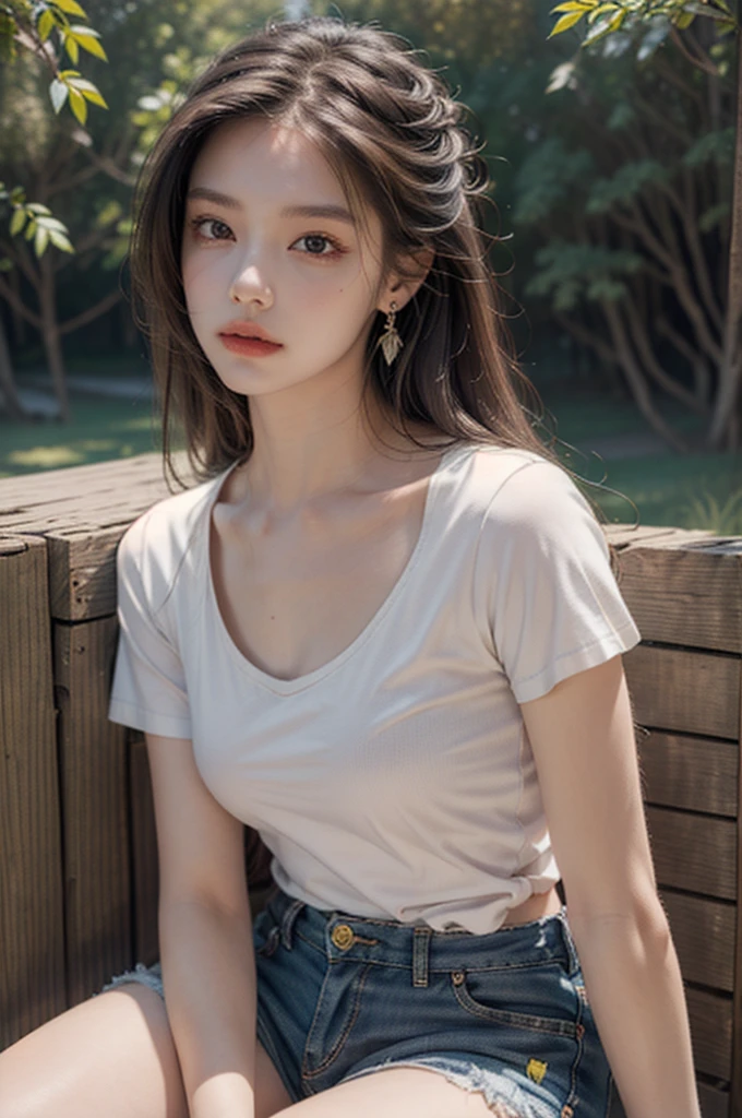 Best quality, masterpiece, super high resolution, (realistic: 1.4), original photo, (evening street), 1 girl, black eyes, looking at the audience, long hair, light makeup, lips, small ears, white t-shirt, denim shorts, earrings, sitting Ferrari, big breasts, slim