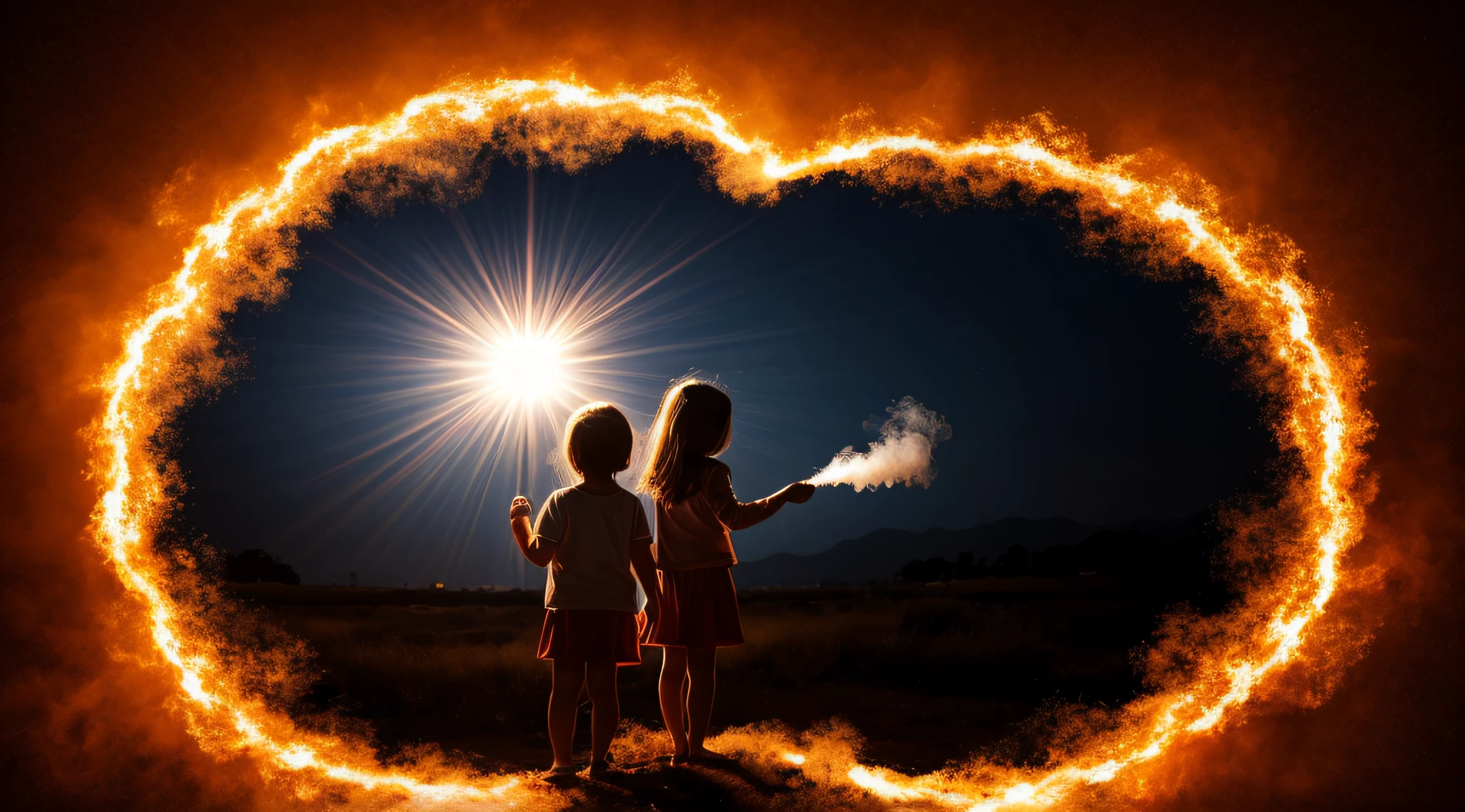 there are two CHILDREN girls in front of a ring of fire, tinta de luz difusa, pintura de luz, pintura de luz, tinta luminescente luminosa, Shutterstock, Tinta transparente, desfoque de movimento de pintura de luz, Foto retrato, halo de fogo luminoso, Vencedor do concurso Pexels, ponto de fogo, Foto vencedora do concurso Unsplash, Rotating smoke trails, Directed by: Sebastian Spreng