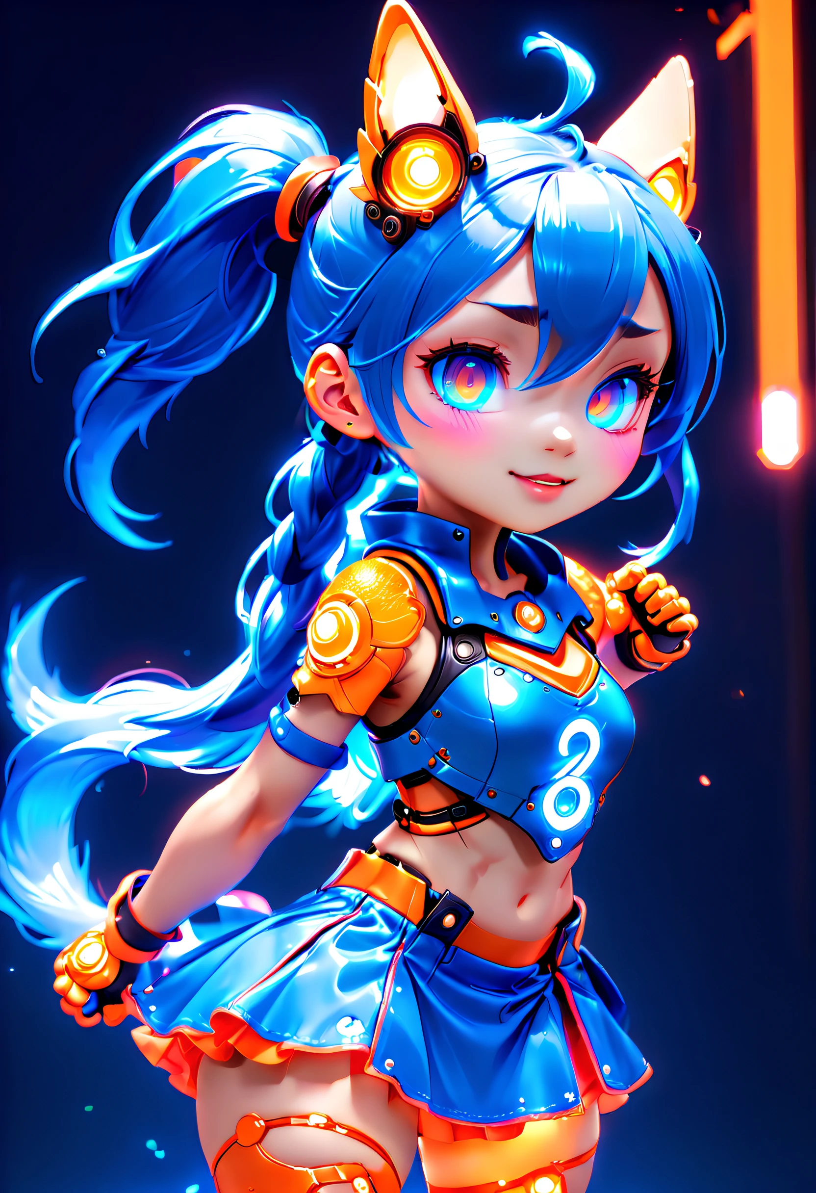 Jinx1024, Game character design，3D character rendering，(((Vector illustration style)))，League of Legends Jinx，((1girl，(Blue double ponytail: 1.5)，Blue braids，Red eyes，big laughter，future warrior，(Pink mechanical skirt: 1.3)，(A luminous magazine is tied around the waist: 1.2)，Decorated with luminous lines and rivets，With streamer effect or LED light embellishment，Hand holding laser cannon、Ion cannon or pulse cannon))，((hair design：Brilliant deep blue，Add some glowing elements，Futuristic headgear such as orange photoelectric glasses or head-mounted display))，((Expression design：Add some glowing lines or orange LED light effects to the facial decoration，Design different facial expressions，Highlight the image of future warriors))，(action design：On the move、When releasing a skill or attacking，Add some special effects and animations，Highlight the sense of future and combat)，((Special effects design：Add cool orange light effects、Electromagnetic wave effect or virtual interface，Enhance the visual impact of skin)), (((standing on your feet，Metal heels: 1.8, Glowing lines or orange LED light effect))), (full body shot of: 1.5)，jinx (league of legends)，((starryskybackground，simplebackground)), MECHA-WINGS, art by mooncryptowow, (pov, first-person view, Ghibli-like colours, Luminism, cinematic lighting, UHD, masterpiece, ccurate, anatomically correct, textured skin, super detail, high details, high quality, award winning, best quality, 16k), Pop Mart blind box, 3Drenderingof，hairy pubic
