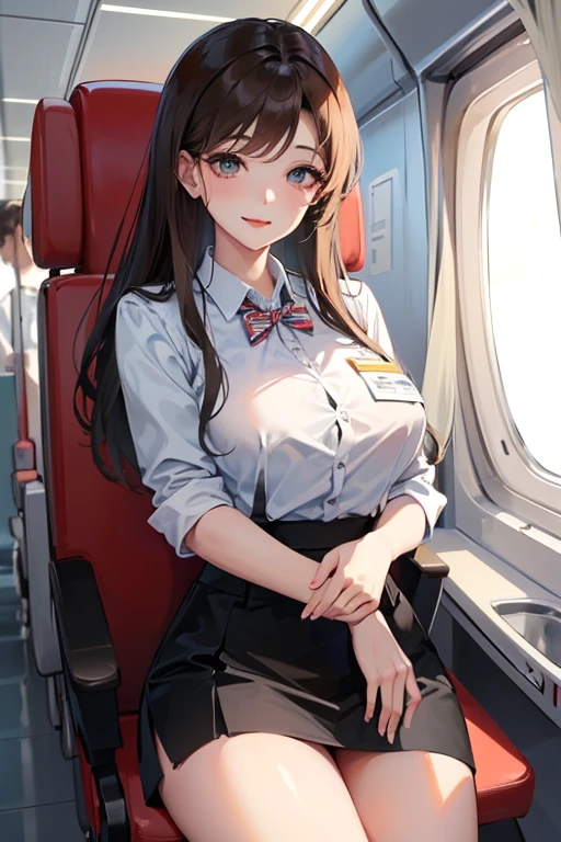 masterpiece, Seduction, short skirt, smile, Flight attendants, Long Brunette Hair,Office Chair, Beautiful breasts, hip skirts, Big breasts, no leakage., High-resolution facial features, 10, 二重まぶた, delicate face