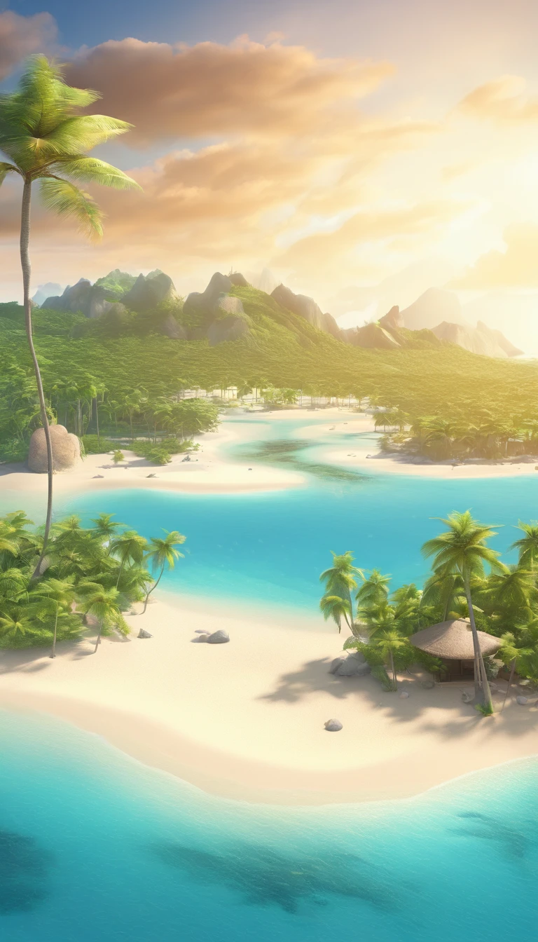 arafed island with palm trees and a sandy beach, tropical island, epic matte painting of an island, island in a blue sea, an island floating in the air, an island, island landscape, island floating in the sky, island background, monsoon on tropical island, island in the background, floating island, tropical location, island, island with cave, many islands, no humans, tree, cloud, sky, outdoors, scenery, day, palm tree, ocean, water, beach, blue sky, horizon, cloudy sky, nature, sand