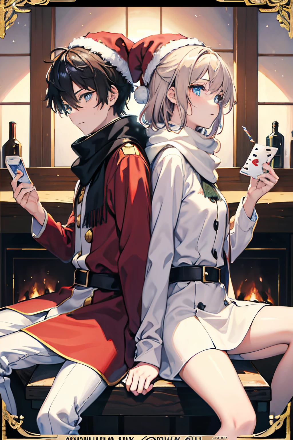 (8k, best quality, masterpiece: 1.2), (best quality: 1.0), (ultra-high resolution: 1.0) An anime couple, one male, one female, tall and mature, (shiny pupils,blue pupils) sitting together by a wooden table, cosy fireplace in the background, both have scarf and a santa hat on, couple, matching profile picture, cute, watercolor, (card retouching: 1.2), 2d, (oil painting: 1.2) highly detailed