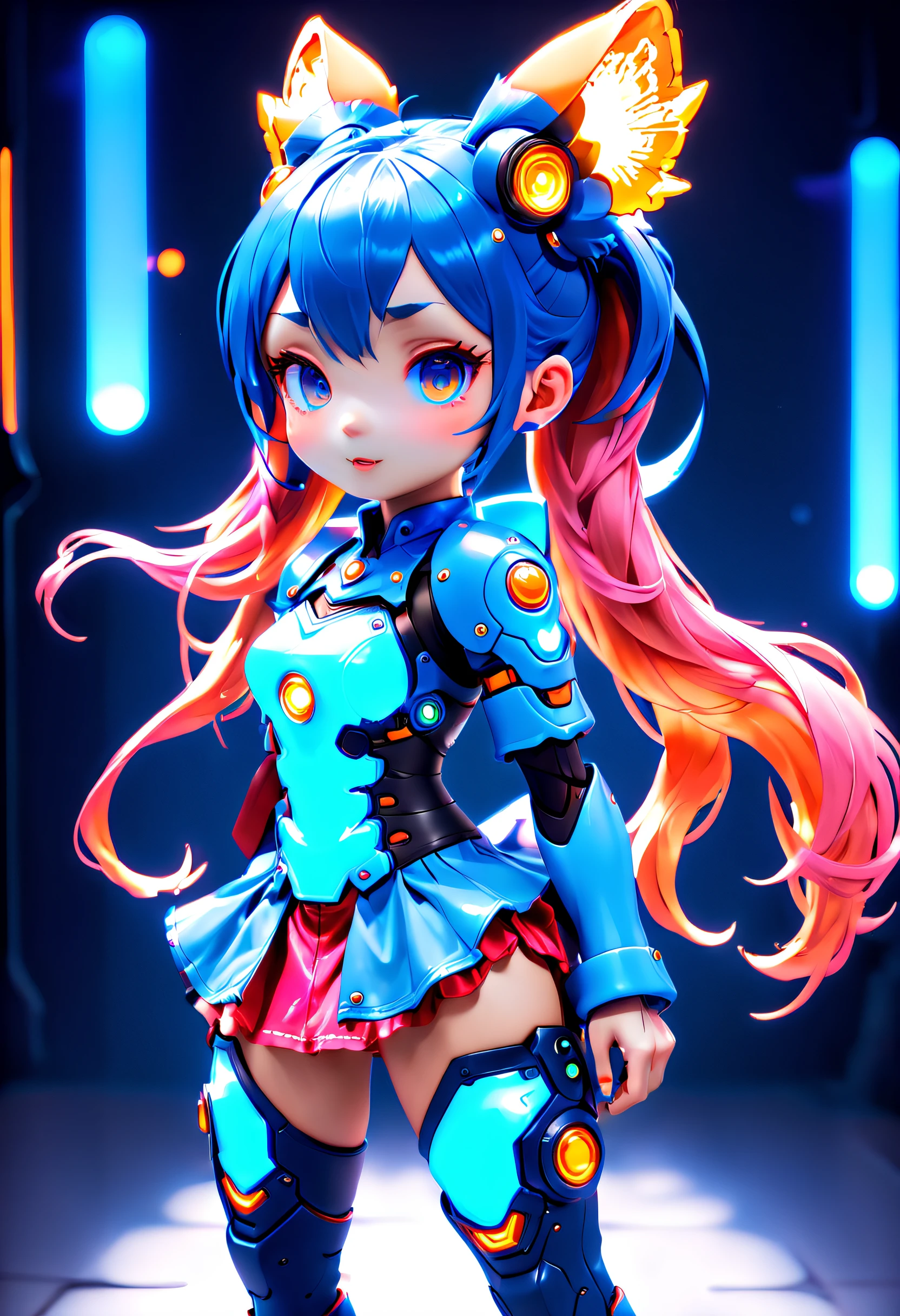 Jinx1024, Game character design,3D character rendering,(((Vector illustration style))),League of Legends Jinx,((1girl,(Blue double ponytail: 1.5),Blue braids,Red eyes,big laughter,future warrior,(Pink mechanical skirt: 1.3),(A luminous magazine is tied around the waist: 1.2),Decorated with luminous lines and rivets,With streamer effect or LED light embellishment,Hand holding laser cannon、Ion cannon or pulse cannon)),((hair design:Brilliant deep blue,Add some glowing elements,Futuristic headgear such as orange photoelectric glasses or head-mounted display)),((Expression design:Add some glowing lines or orange LED light effects to the facial decoration,Design different facial expressions,Highlight the image of future warriors)),(action design:On the move、When releasing a skill or attacking,Add some special effects and animations,Highlight the sense of future and combat),((Special effects design:Add cool orange light effects、Electromagnetic wave effect or virtual interface,Enhance the visual impact of skin)), (((standing on your feet,Metal heels: 1.8, Glowing lines or orange LED light effect))), (full body shot of: 1.5),jinx (league of legends),((starryskybackground,simplebackground)), MECHA-WINGS, art by mooncryptowow, (pov, first-person view, Ghibli-like colours, Luminism, cinematic lighting, UHD, masterpiece, ccurate, anatomically correct, textured skin, super detail, high details, high quality, award winning, best quality, 16k), Pop Mart blind box, 3Drenderingof,hairy pubic