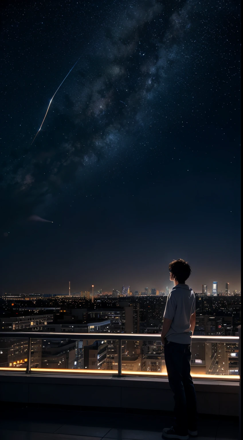 A 17-year-old boy stands on the roof of the building and looks up at the stars. The sky shows the constellation Capricorn. Makoto Shinkai’s beautiful painting style. 2048X1136 size.