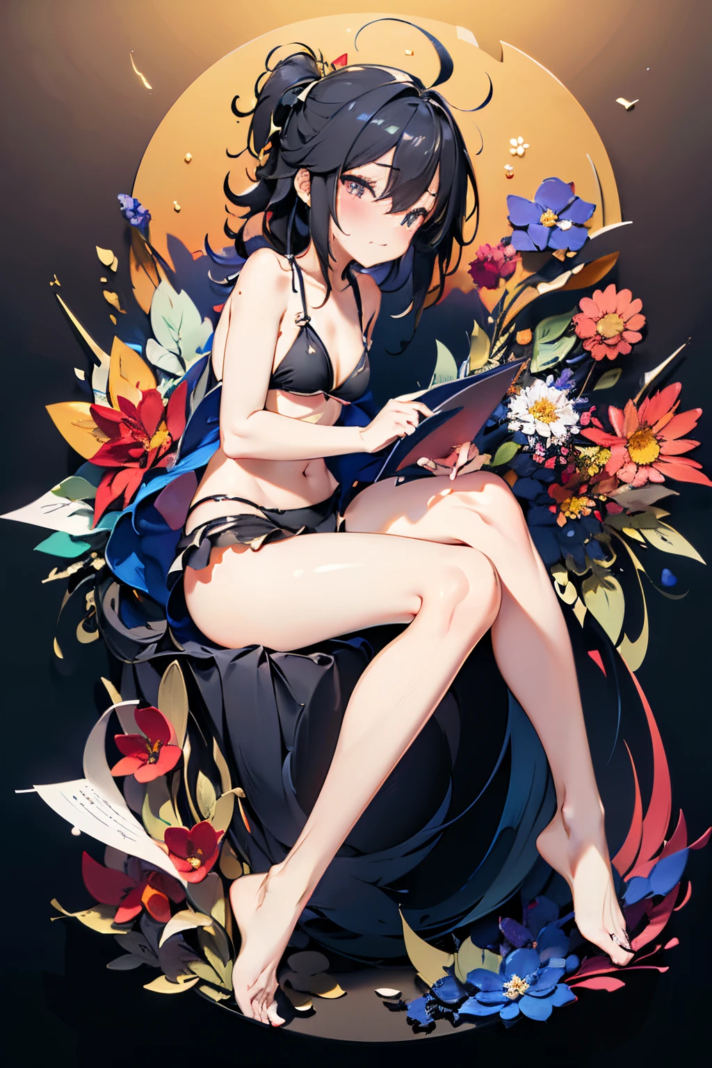 ((Masterpiece)), (highly saturated), from side, (High Definition:1.3), (Professional Photography:1.2), (cinematic lighting), (flat body), (flat chest), ahoge, messy hair, (blush, very naughty laugh face), sitting on the circle, (ultra detailed), 1girl, black bikini, exposed legs, full body, (surrounded flowers), (shining), (paper_cut)